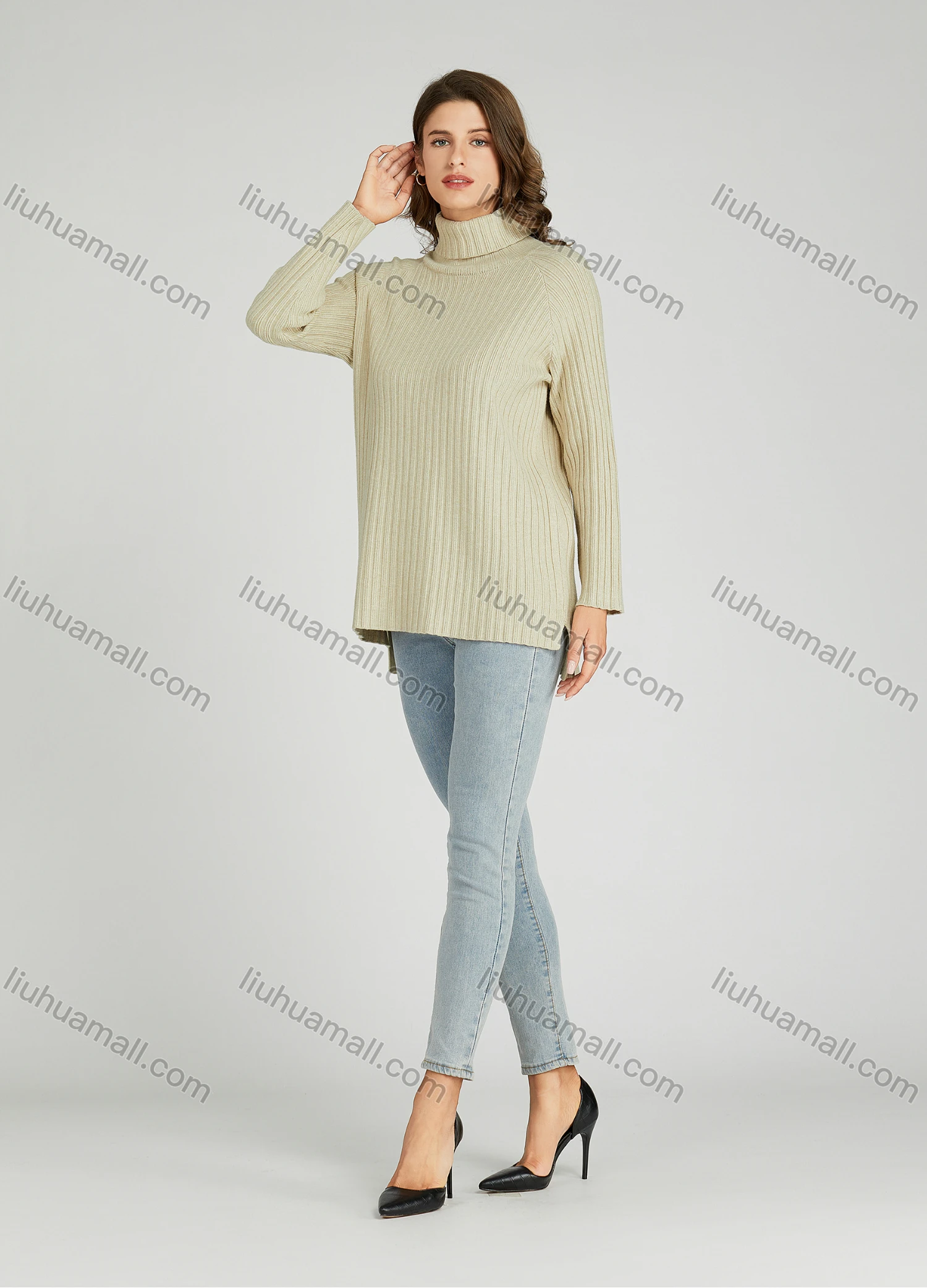 Wholesale Women's Casual Plain Turtleneck Side Slit Long Sleeve Ribbed High Low Hem Sweater HB1069# - Liuhuamall