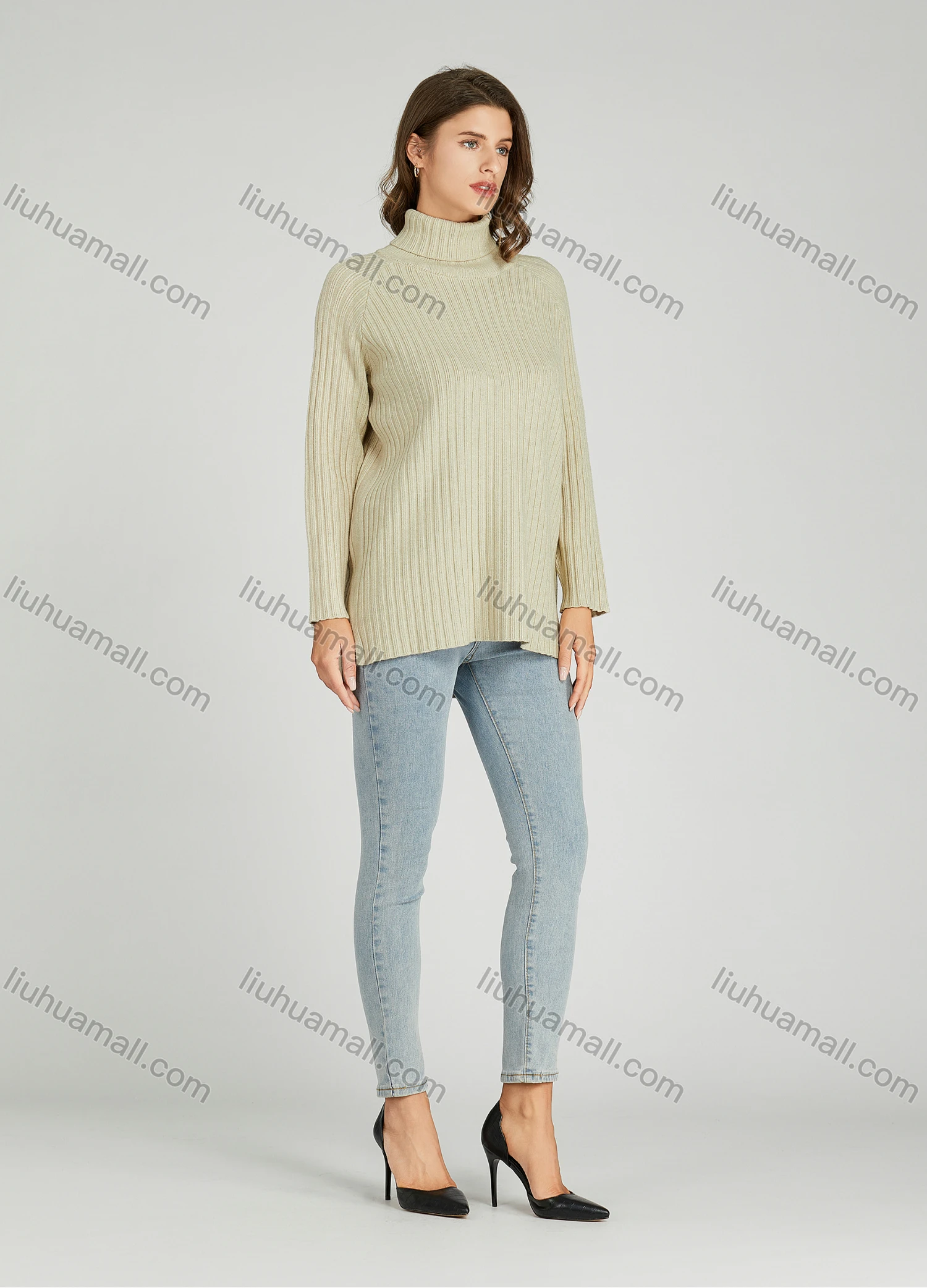 Wholesale Women's Casual Plain Turtleneck Side Slit Long Sleeve Ribbed High Low Hem Sweater HB1069# - Liuhuamall