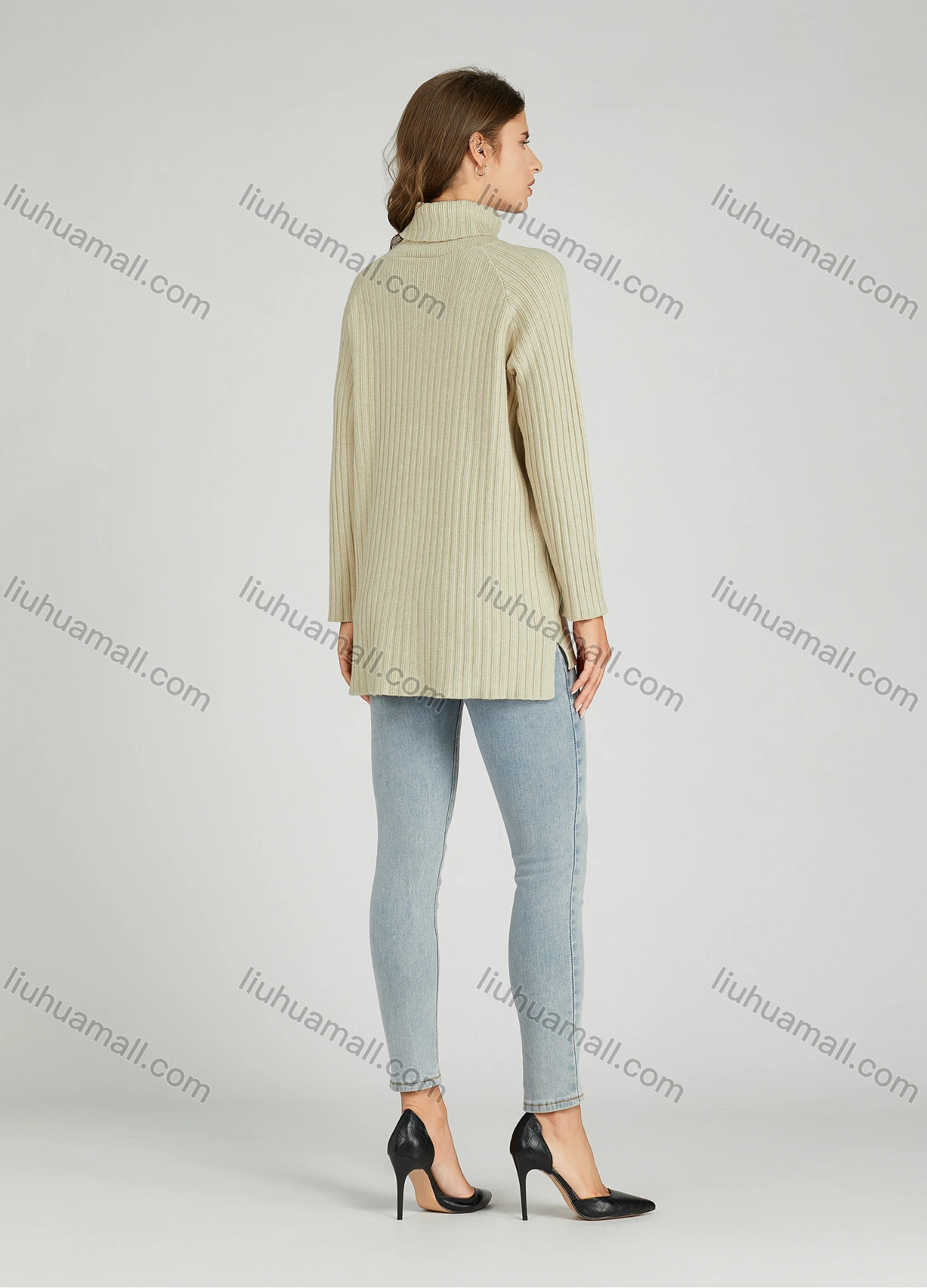 Wholesale Women's Casual Plain Turtleneck Side Slit Long Sleeve Ribbed High Low Hem Sweater HB1069# - Liuhuamall