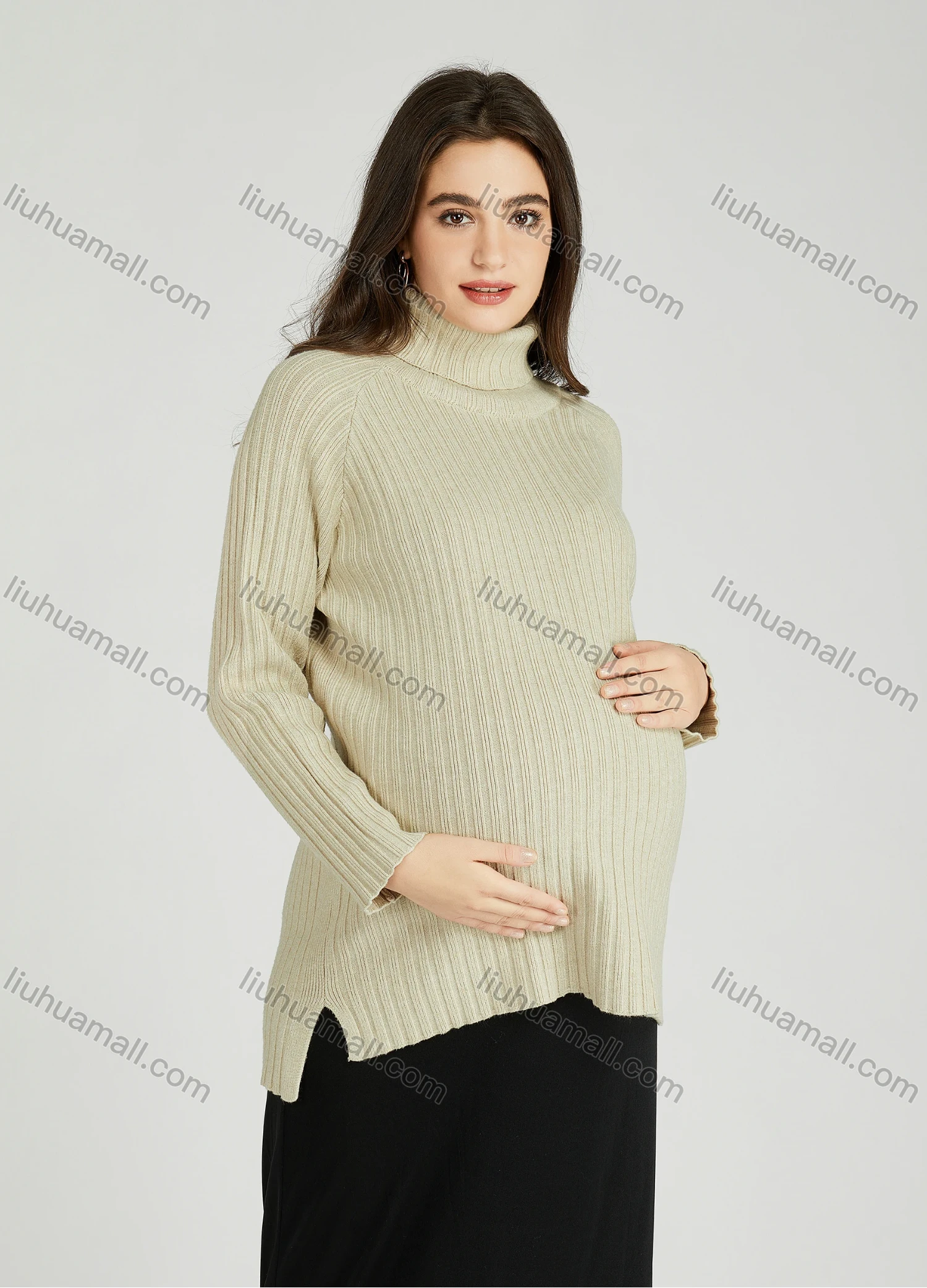 Wholesale Casual Plain Turtleneck Side Slit Long Sleeve Ribbed High Low Hem Maternity Sweater HB1069# - Liuhuamall