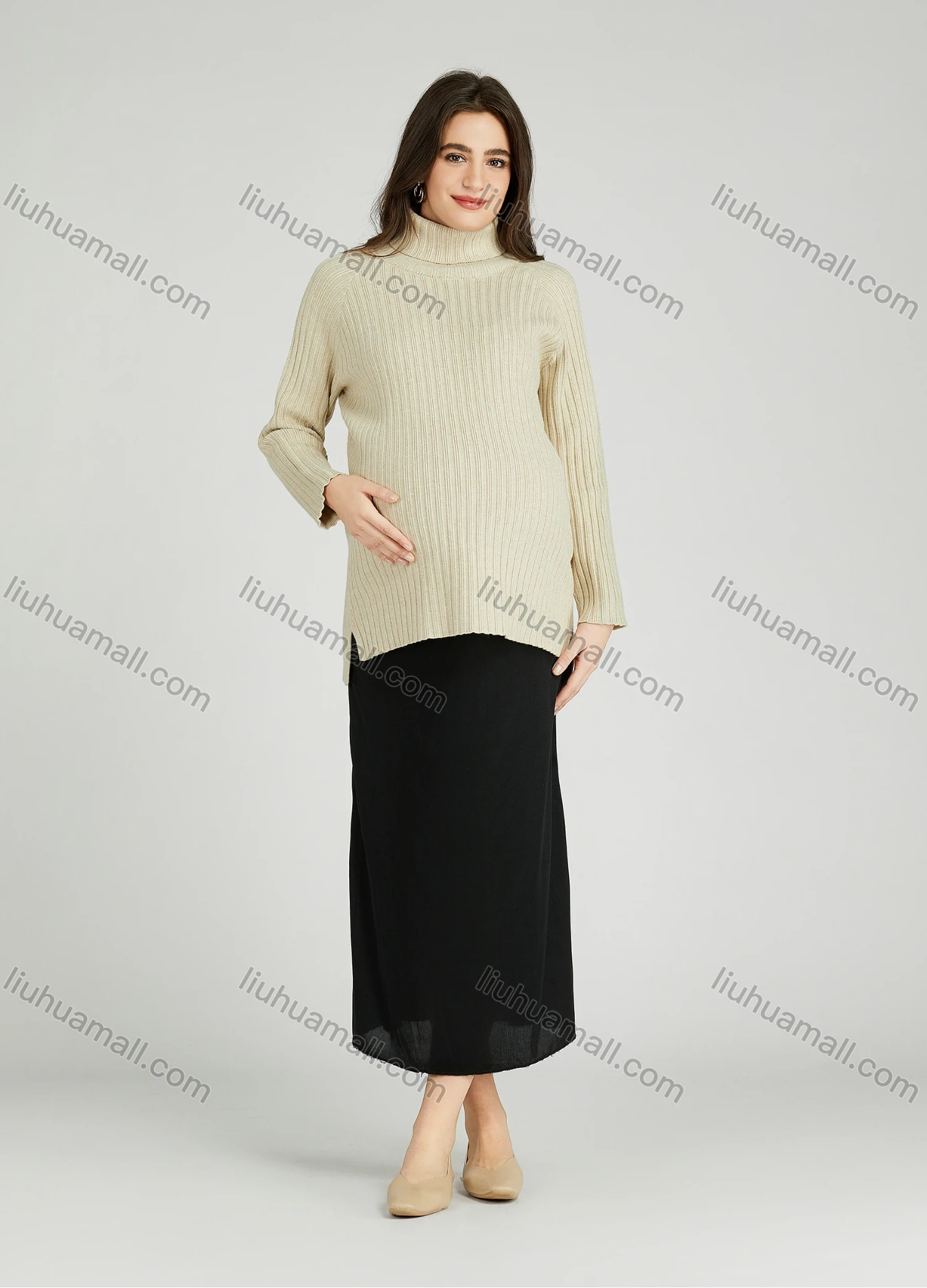 Wholesale Casual Plain Turtleneck Side Slit Long Sleeve Ribbed High Low Hem Maternity Sweater HB1069# - Liuhuamall