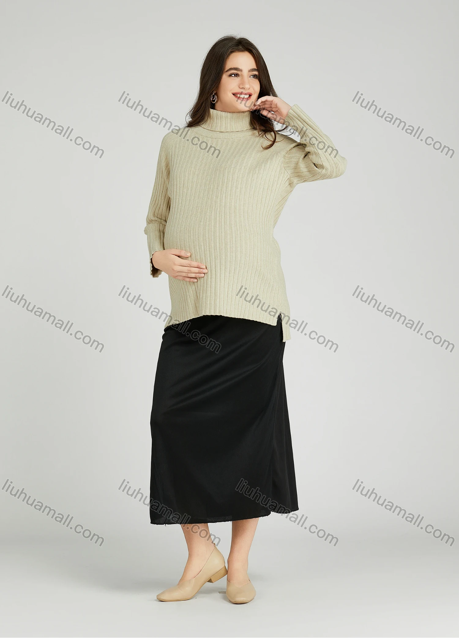 Wholesale Casual Plain Turtleneck Side Slit Long Sleeve Ribbed High Low Hem Maternity Sweater HB1069# - Liuhuamall