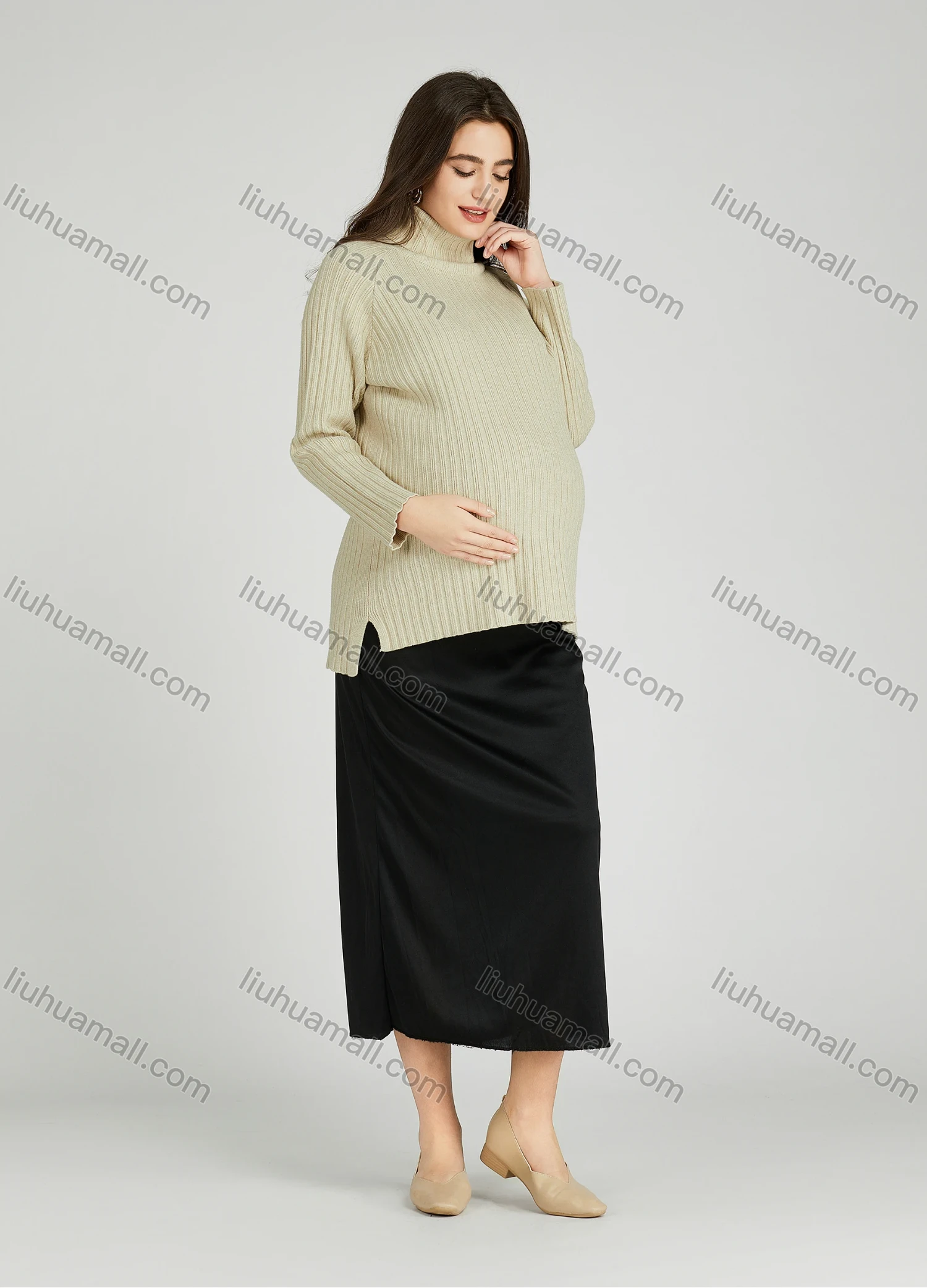 Wholesale Casual Plain Turtleneck Side Slit Long Sleeve Ribbed High Low Hem Maternity Sweater HB1069# - Liuhuamall