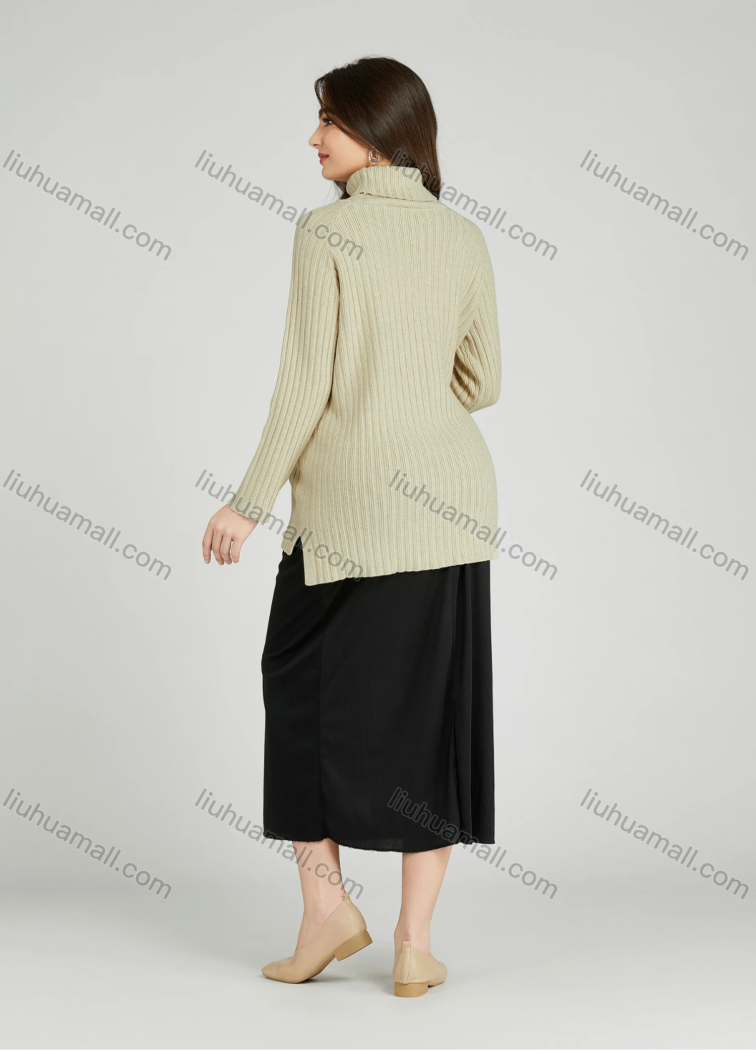 Wholesale Casual Plain Turtleneck Side Slit Long Sleeve Ribbed High Low Hem Maternity Sweater HB1069# - Liuhuamall