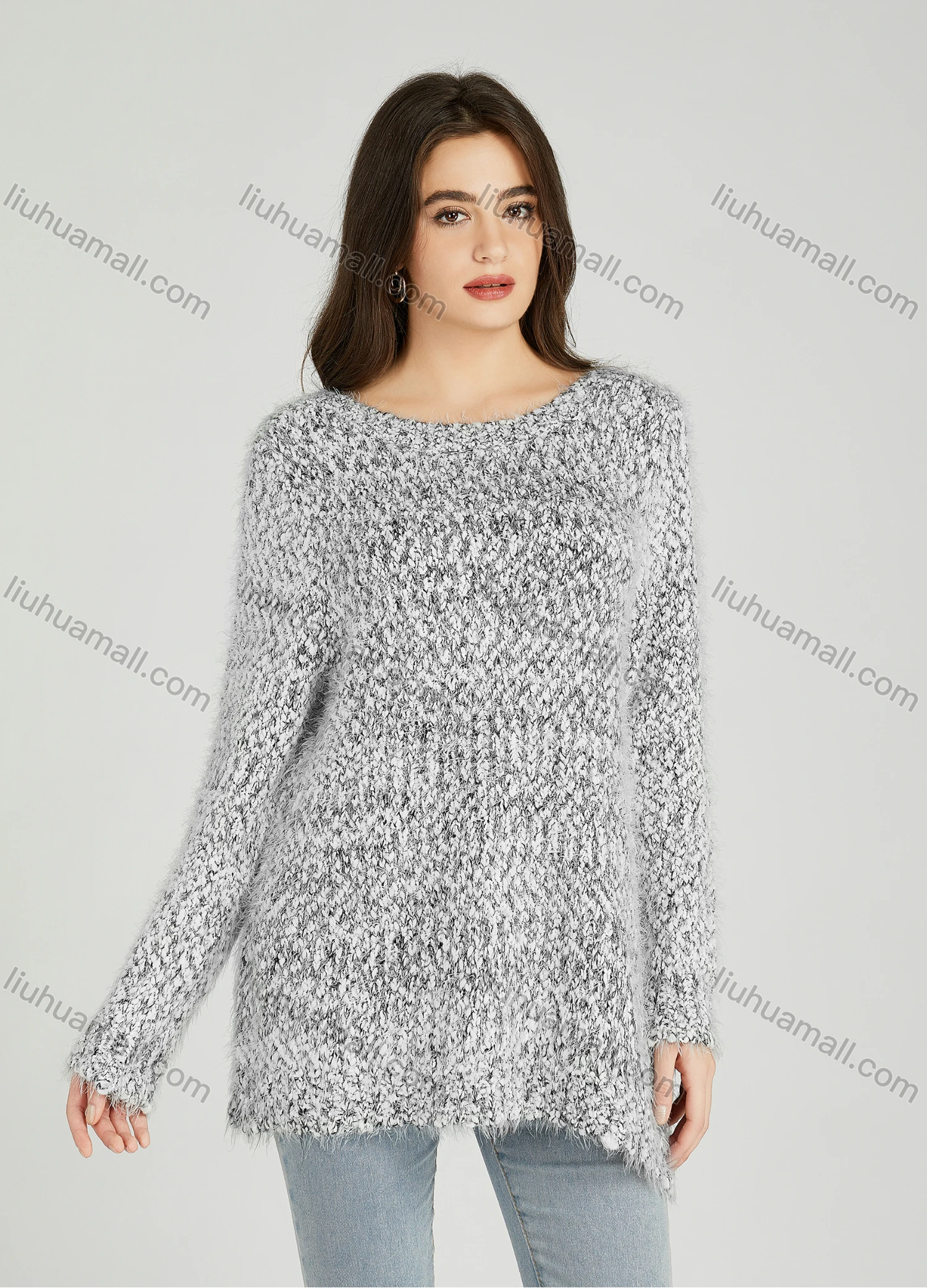 Wholesale Women's Casual Plain Crew Neck Side Slit Long Sleeve Mohair Sweater HB1066# - Liuhuamall