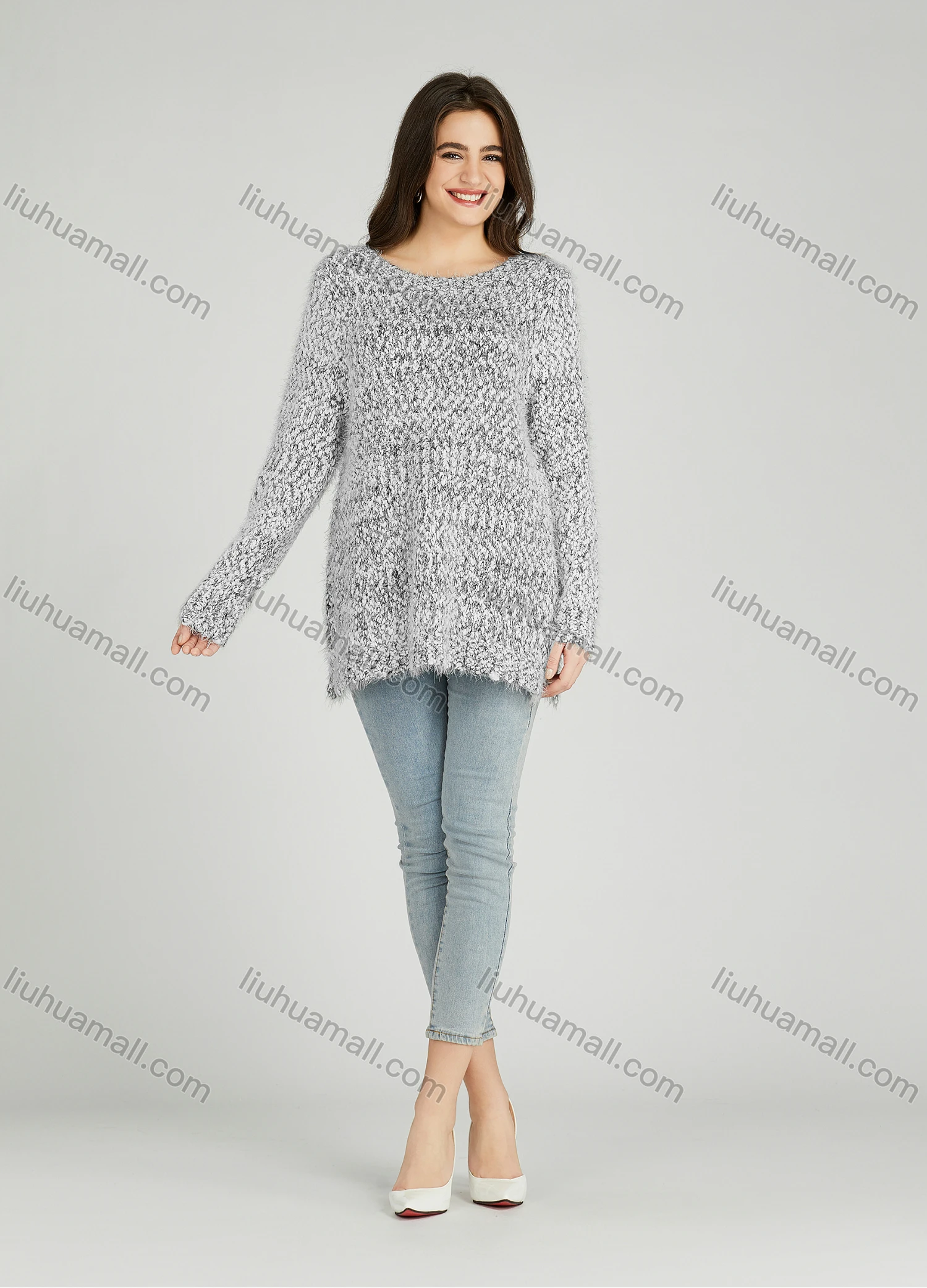 Wholesale Women's Casual Plain Crew Neck Side Slit Long Sleeve Mohair Sweater HB1066# - Liuhuamall