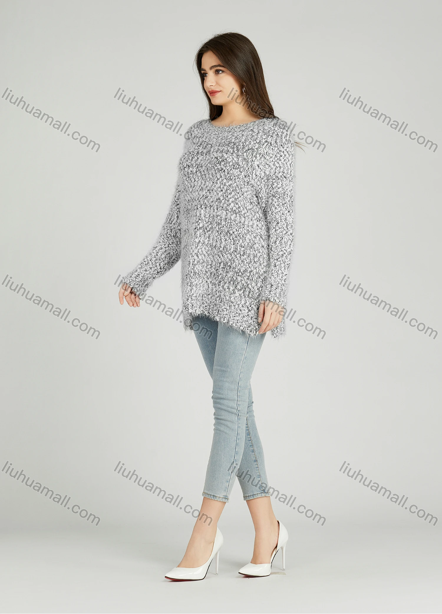 Wholesale Women's Casual Plain Crew Neck Side Slit Long Sleeve Mohair Sweater HB1066# - Liuhuamall