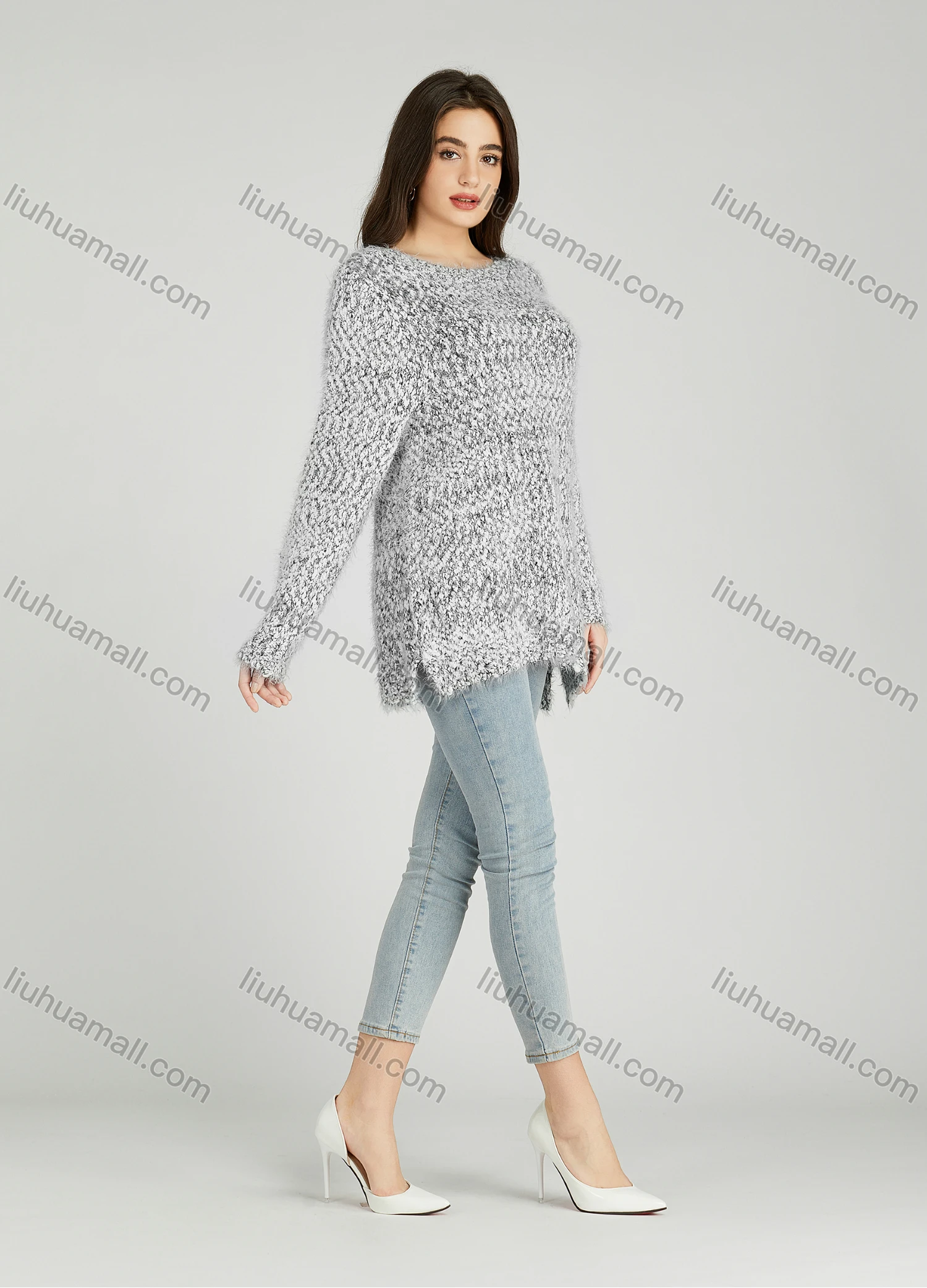Wholesale Women's Casual Plain Crew Neck Side Slit Long Sleeve Mohair Sweater HB1066# - Liuhuamall