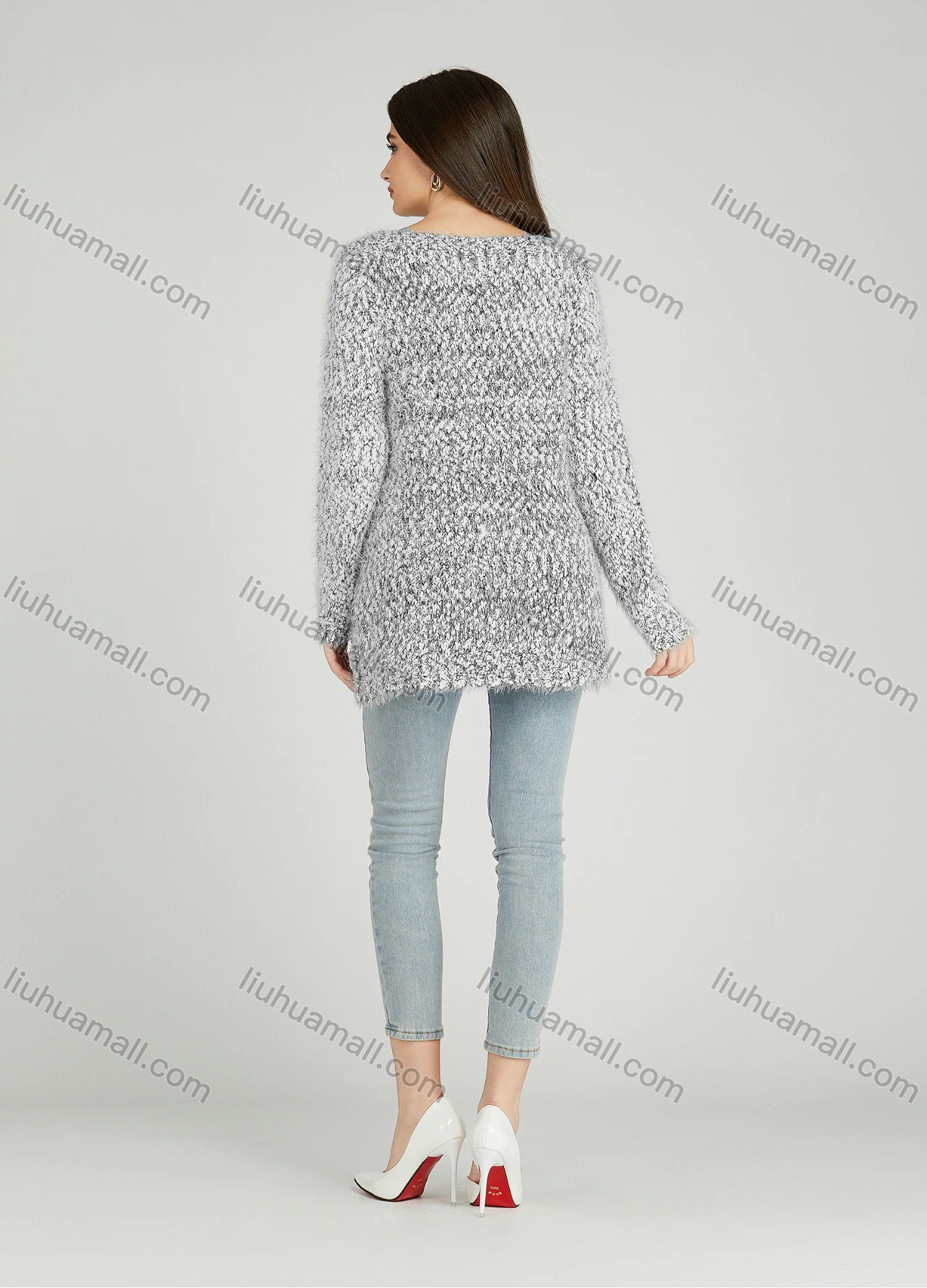 Wholesale Women's Casual Plain Crew Neck Side Slit Long Sleeve Mohair Sweater HB1066# - Liuhuamall