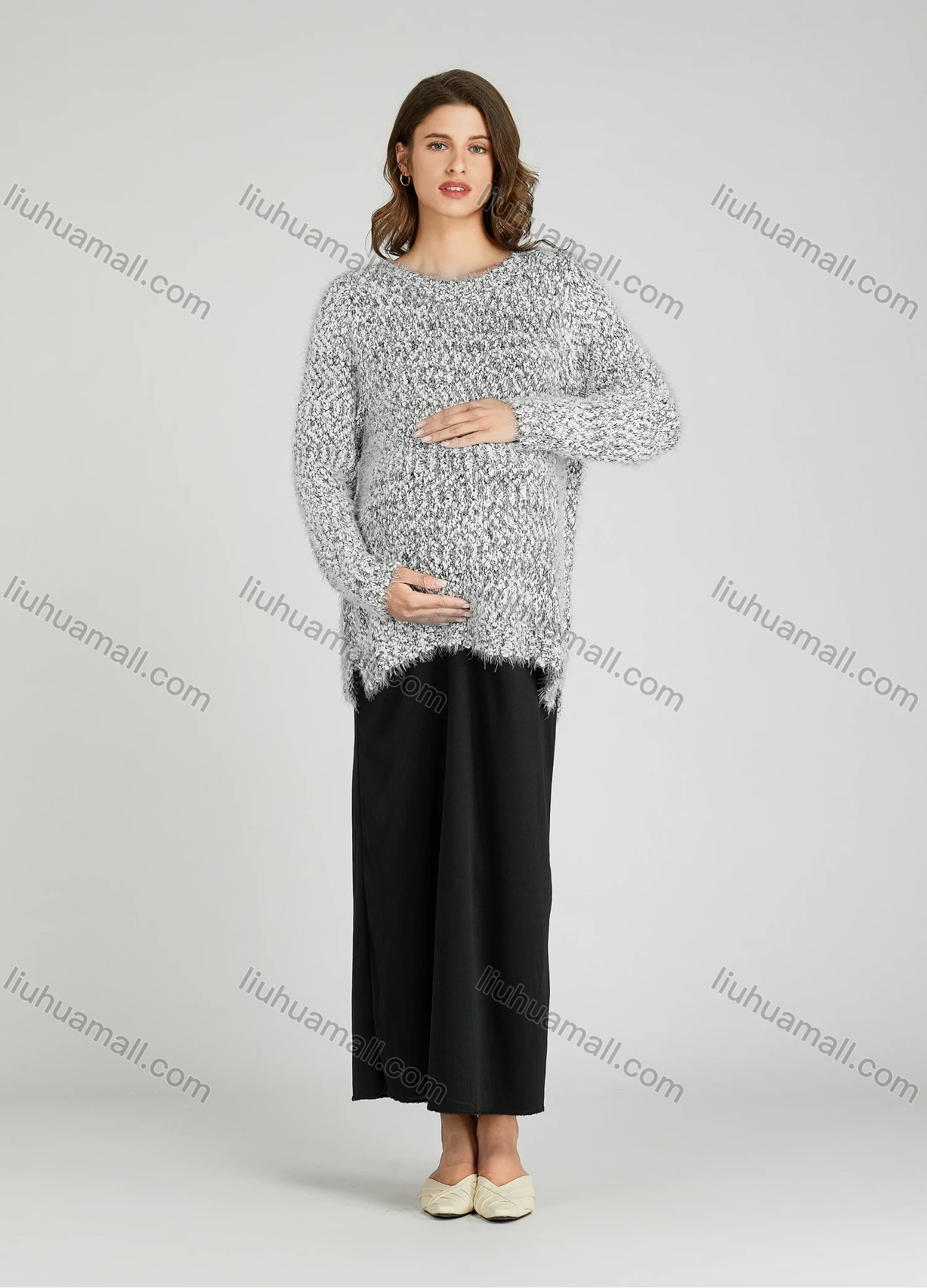 Wholesale Casual Plain Crew Neck Side Slit Long Sleeve Mohair Maternity Sweater HB1066# - Liuhuamall
