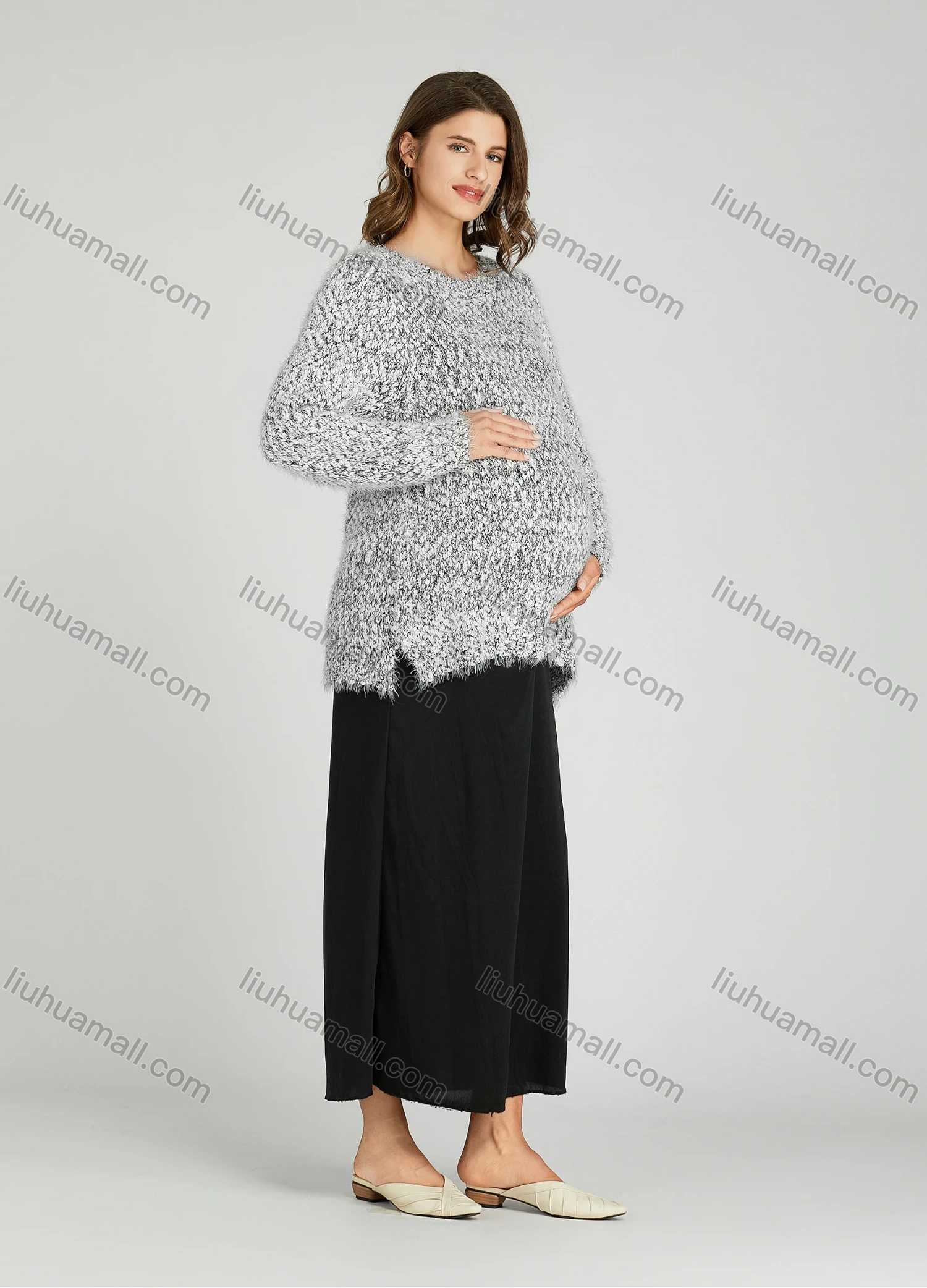 Wholesale Casual Plain Crew Neck Side Slit Long Sleeve Mohair Maternity Sweater HB1066# - Liuhuamall