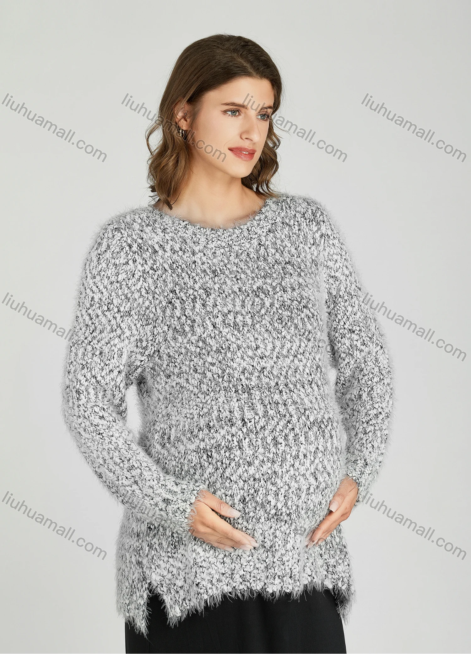 Wholesale Casual Plain Crew Neck Side Slit Long Sleeve Mohair Maternity Sweater HB1066# - Liuhuamall