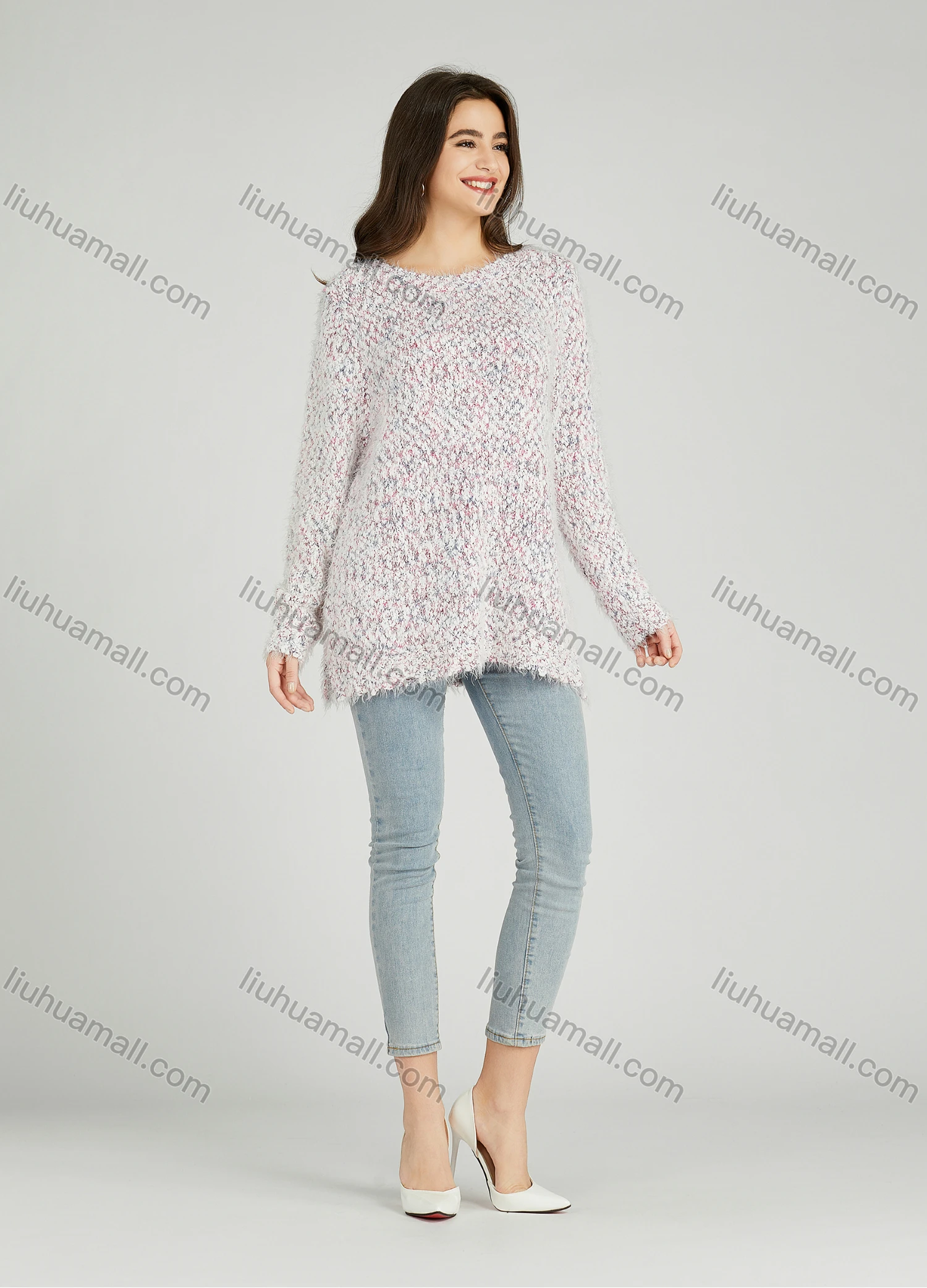 Wholesale Women's Casual Plain Crew Neck Side Slit Long Sleeve Mohair Sweater HB1067# - Liuhuamall