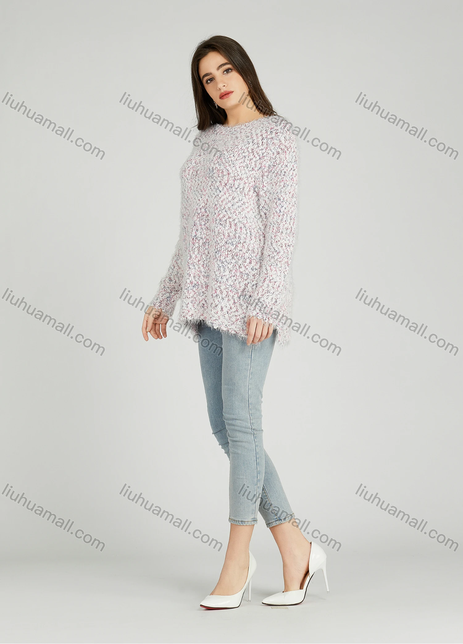 Wholesale Women's Casual Plain Crew Neck Side Slit Long Sleeve Mohair Sweater HB1067# - Liuhuamall