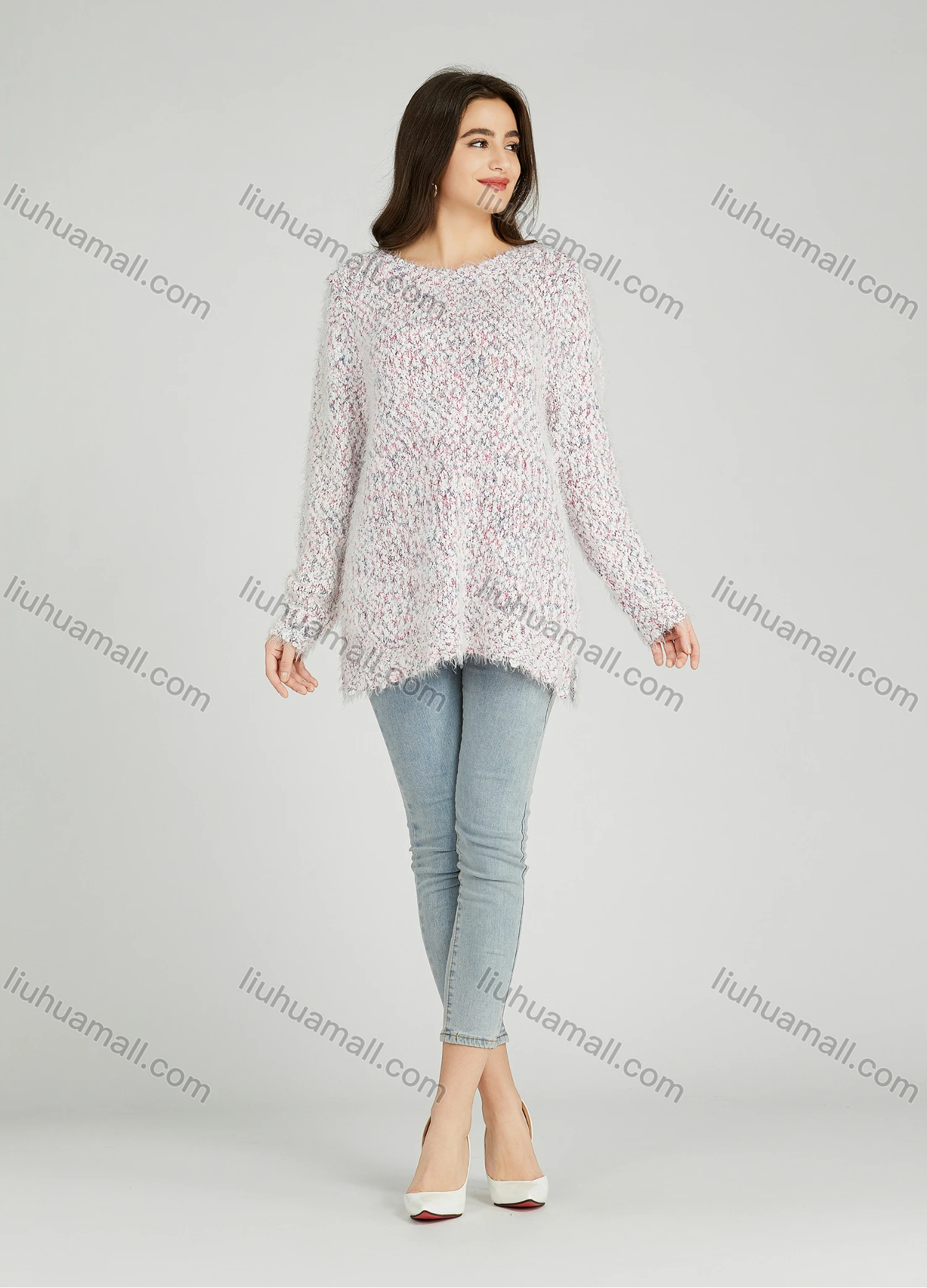 Wholesale Women's Casual Plain Crew Neck Side Slit Long Sleeve Mohair Sweater HB1067# - Liuhuamall