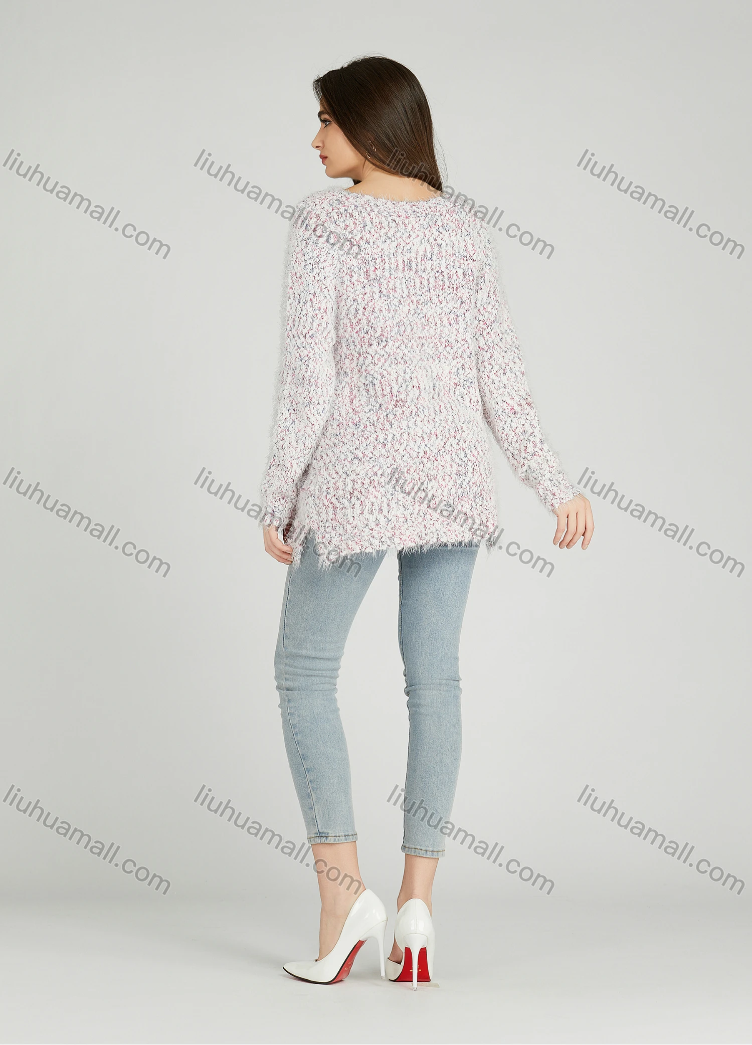 Wholesale Women's Casual Plain Crew Neck Side Slit Long Sleeve Mohair Sweater HB1067# - Liuhuamall