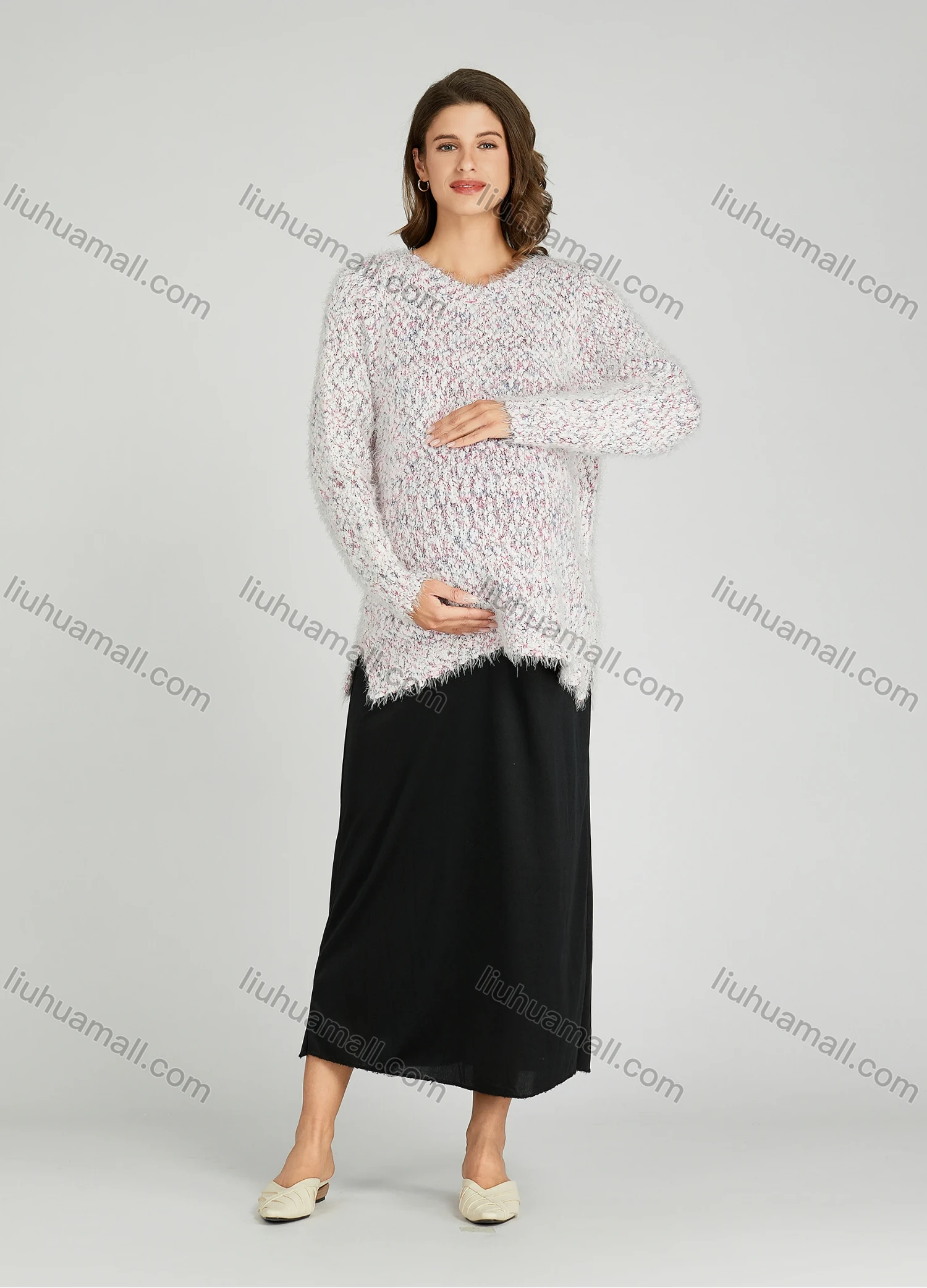 Wholesale Casual Plain Crew Neck Side Slit Long Sleeve Mohair Maternity Sweater HB1067# - Liuhuamall