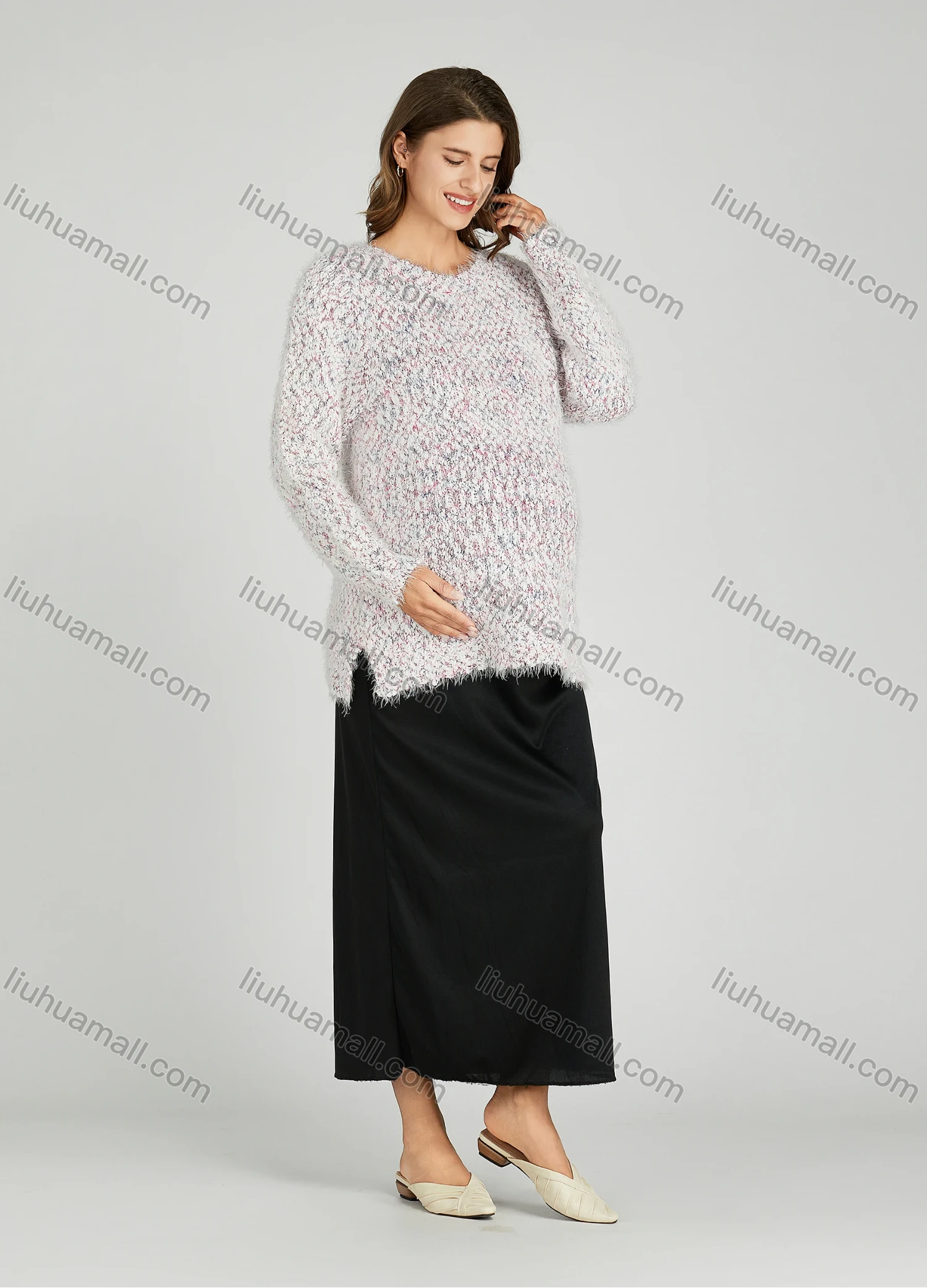 Wholesale Casual Plain Crew Neck Side Slit Long Sleeve Mohair Maternity Sweater HB1067# - Liuhuamall