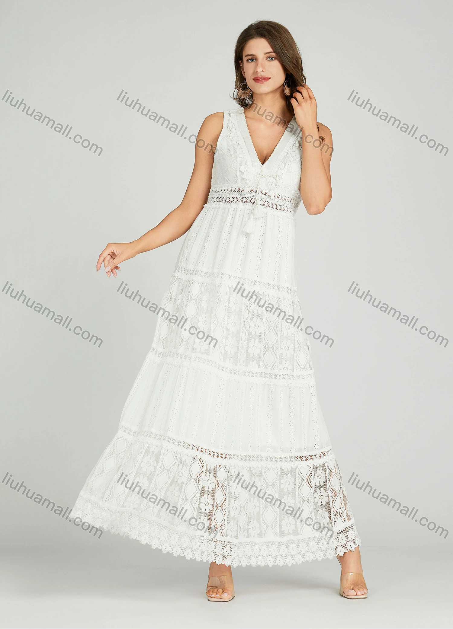 Wholesale Women's Casual Plain Appliques Deep V Neck Eyelet Embroidered Tassel Guipure Lace Dress A0960# - Liuhuamall