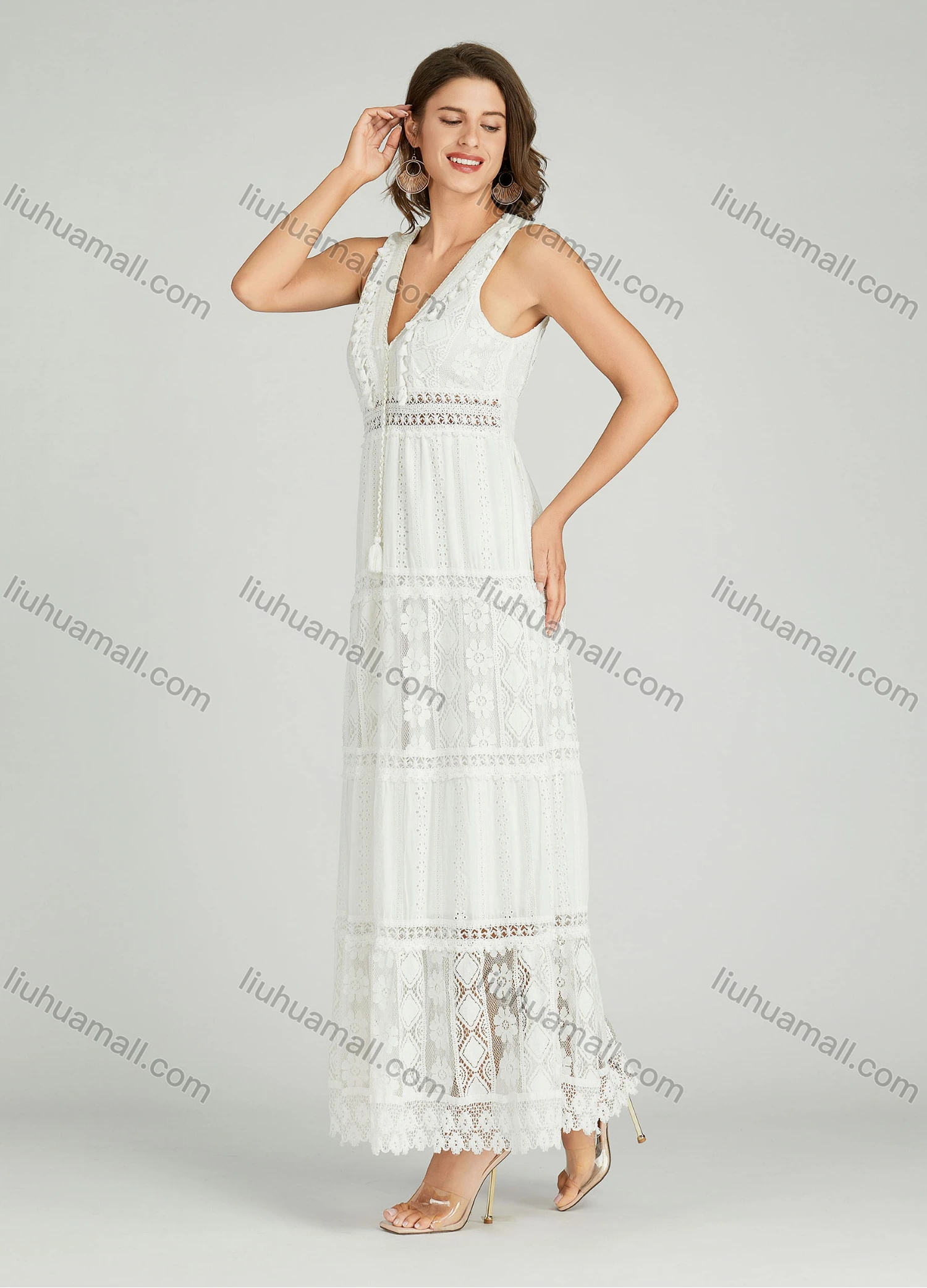 Wholesale Women's Casual Plain Appliques Deep V Neck Eyelet Embroidered Tassel Guipure Lace Dress A0960# - Liuhuamall