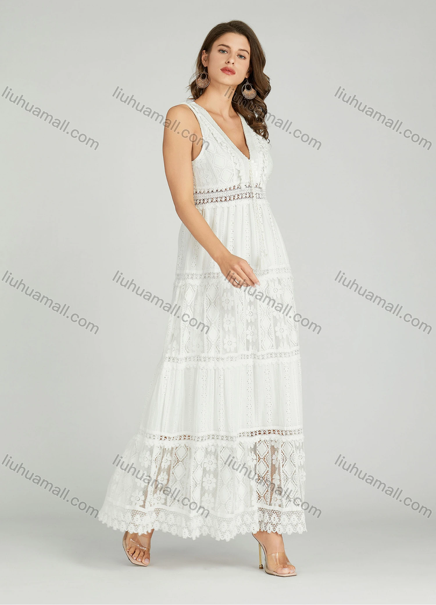 Wholesale Women's Casual Plain Appliques Deep V Neck Eyelet Embroidered Tassel Guipure Lace Dress A0960# - Liuhuamall