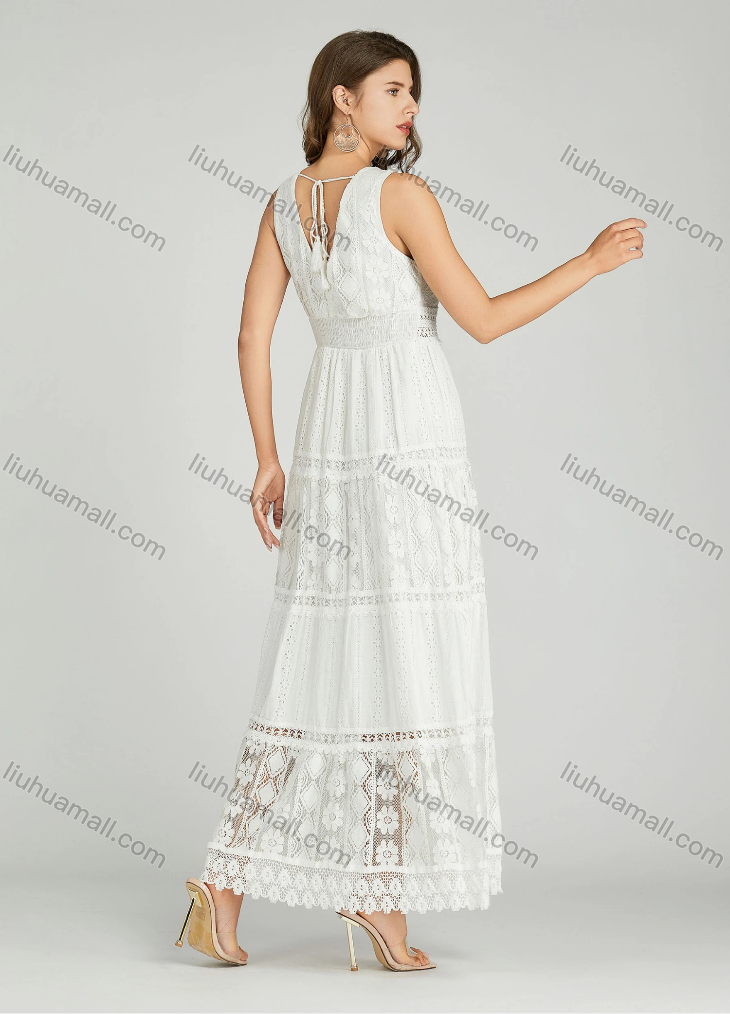 Wholesale Women's Casual Plain Appliques Deep V Neck Eyelet Embroidered Tassel Guipure Lace Dress A0960# - Liuhuamall