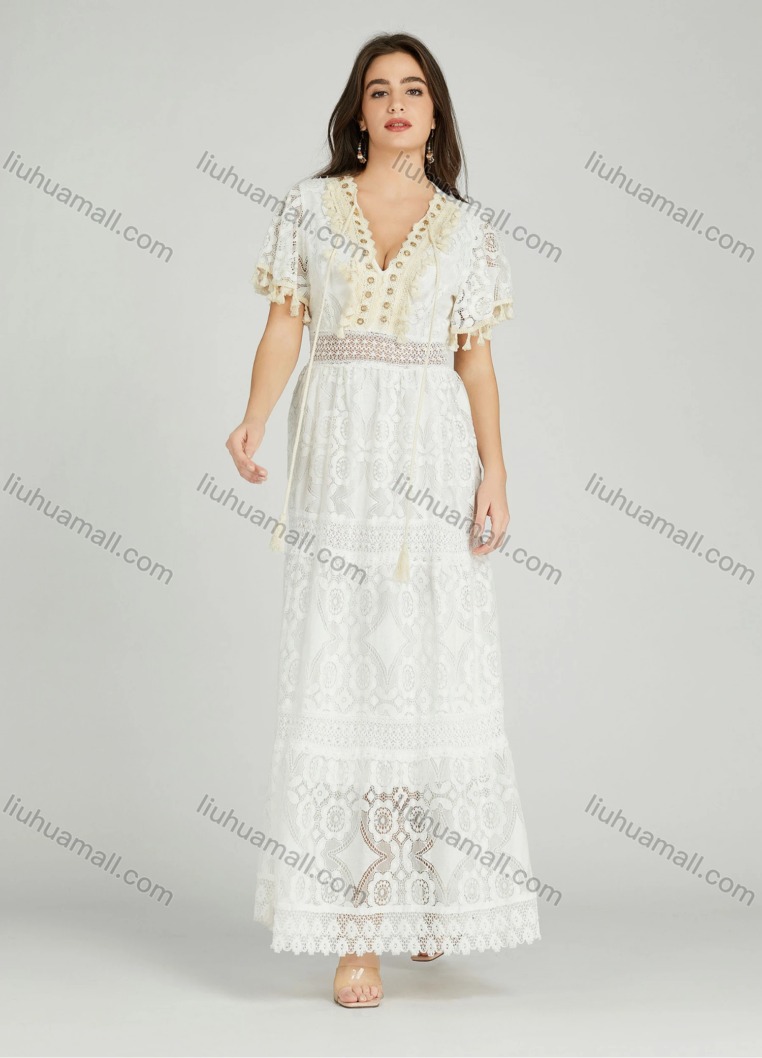 Wholesale Women's Casual Plain Deep V Neck Eyelet Embroidered Tassel Guipure Lace Dress A0962# - Liuhuamall