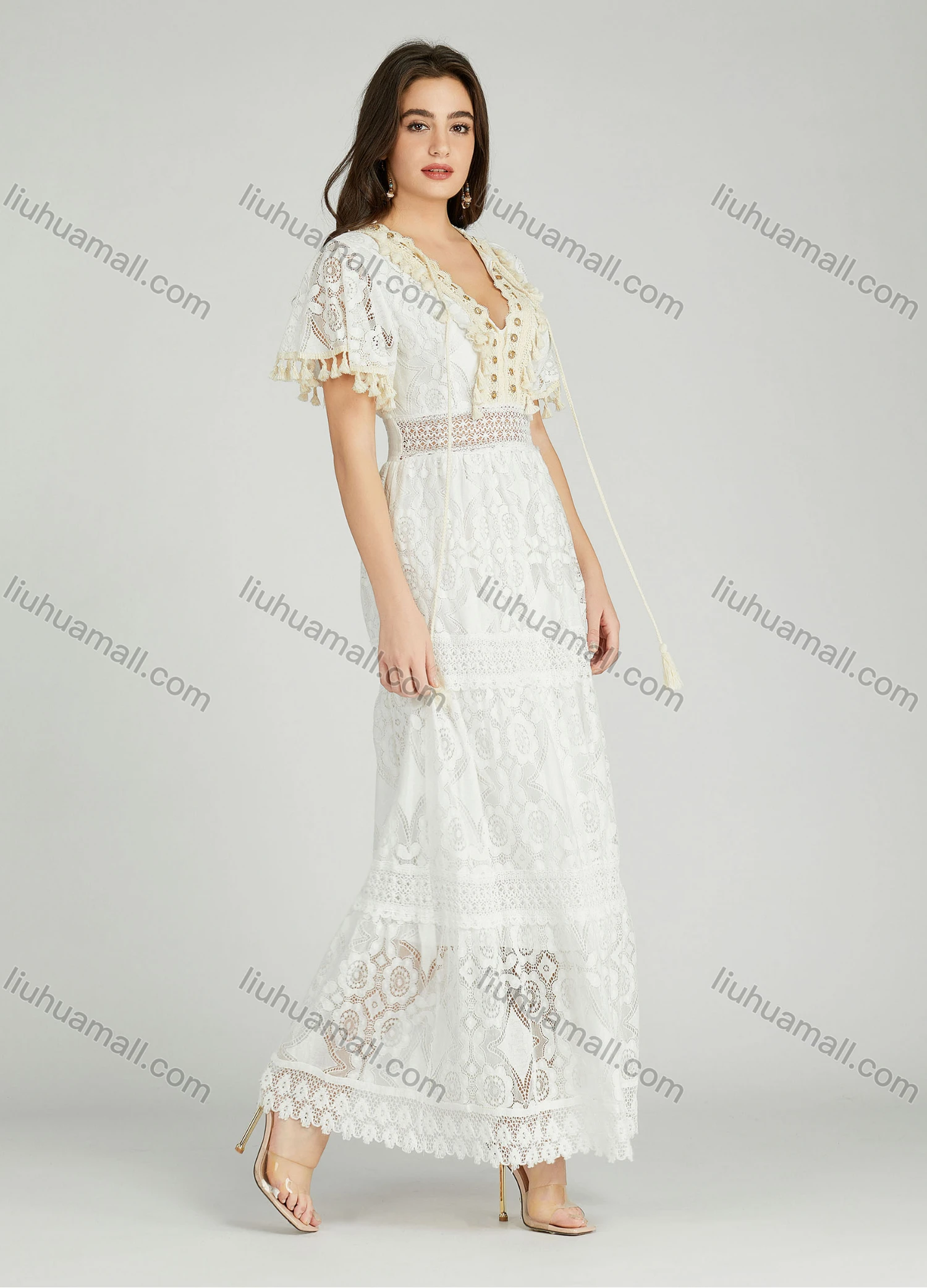 Wholesale Women's Casual Plain Deep V Neck Eyelet Embroidered Tassel Guipure Lace Dress A0962# - Liuhuamall