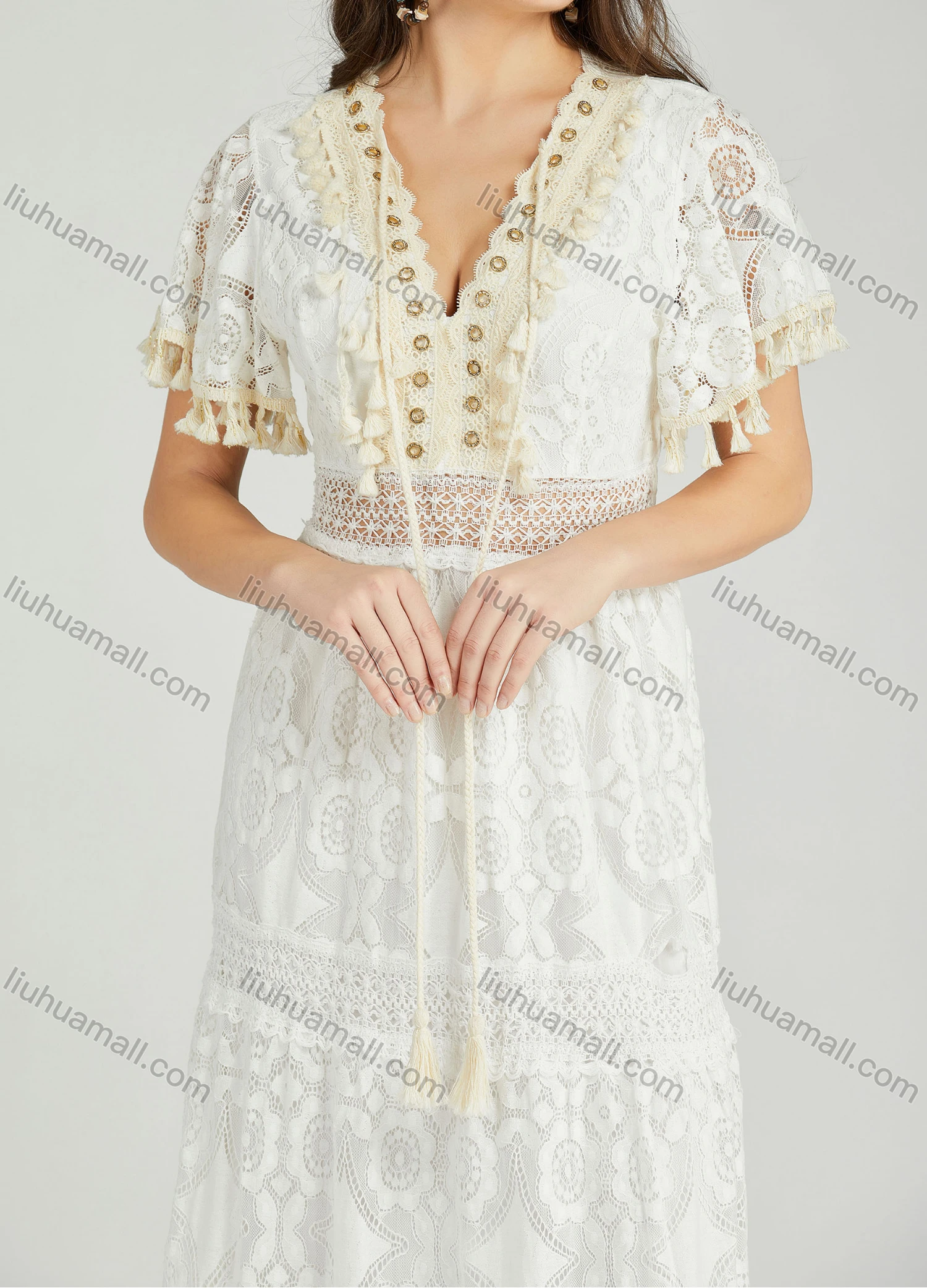 Wholesale Women's Casual Plain Deep V Neck Eyelet Embroidered Tassel Guipure Lace Dress A0962# - Liuhuamall
