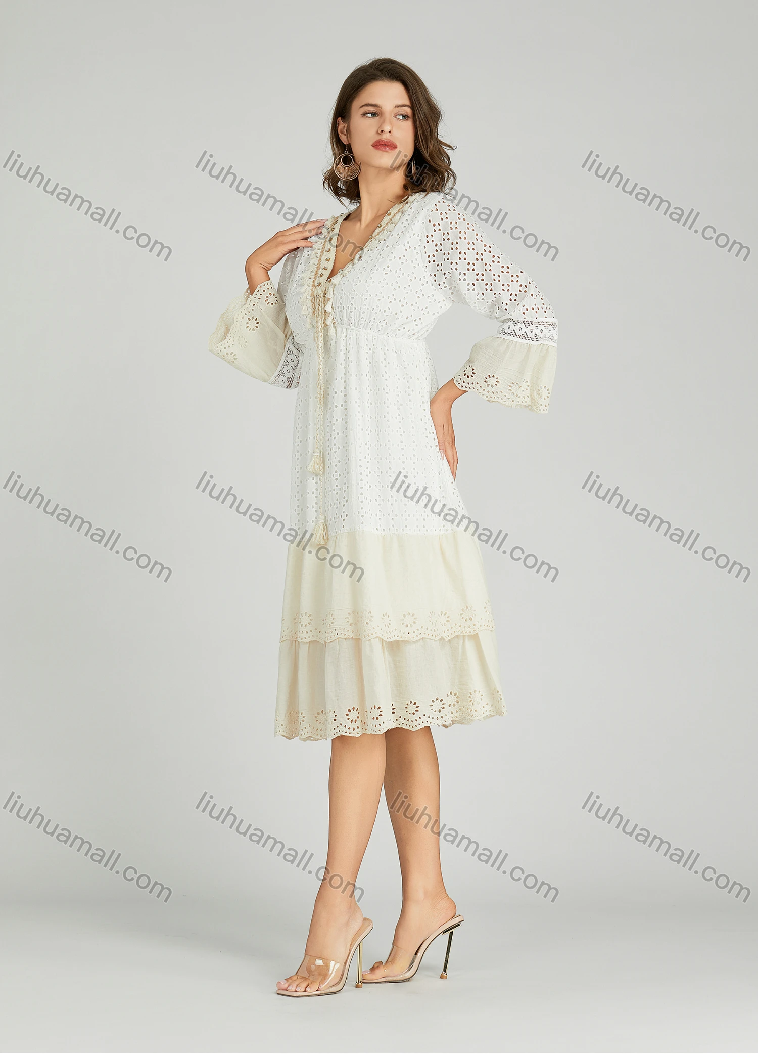 Wholesale Women's Casual Plain Deep V Neck Eyelet Embroidered Tassel Splicing Rhinestone Ruffle Hem Dress A0971# - Liuhuamall