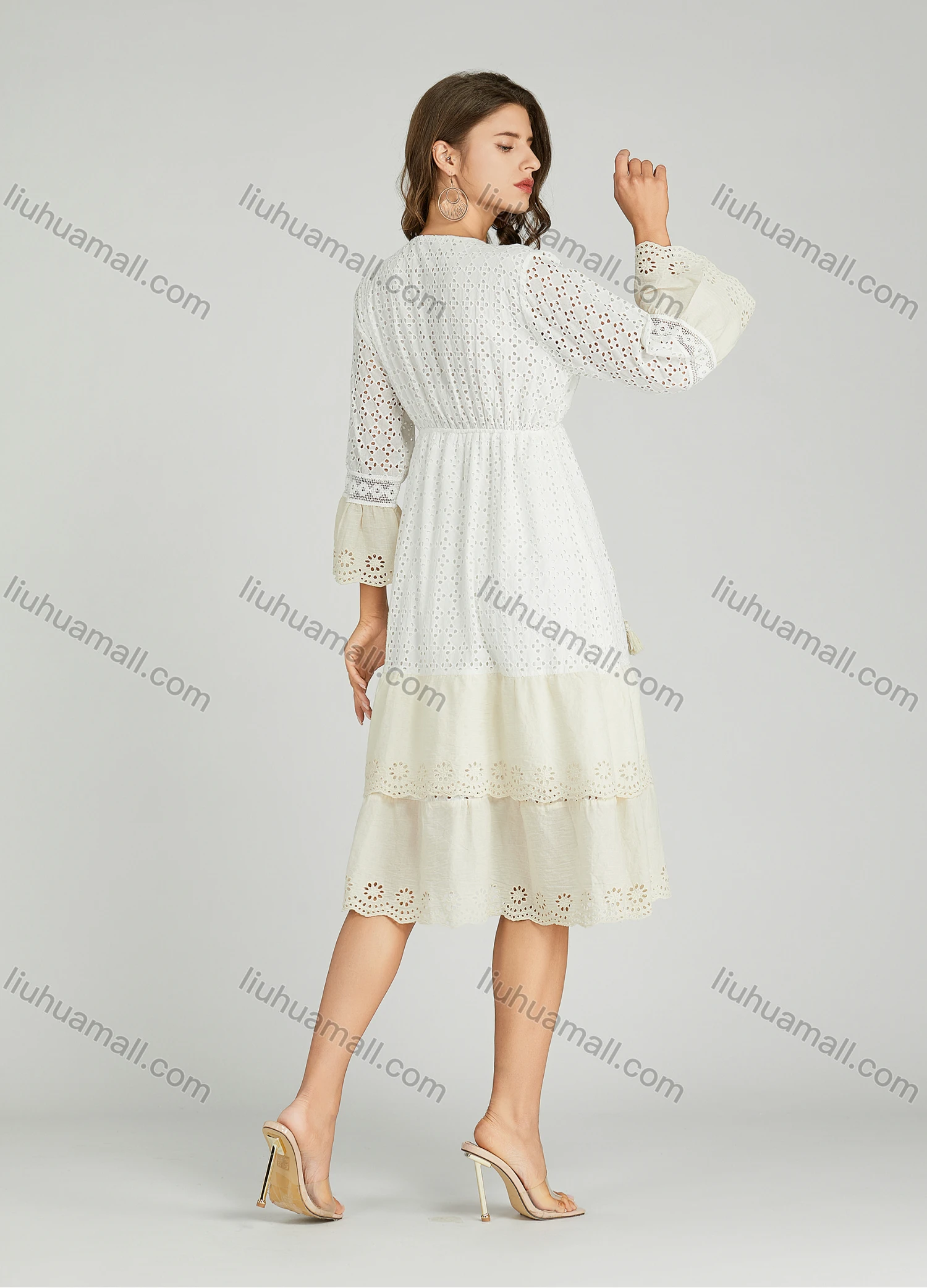 Wholesale Women's Casual Plain Deep V Neck Eyelet Embroidered Tassel Splicing Rhinestone Ruffle Hem Dress A0971# - Liuhuamall