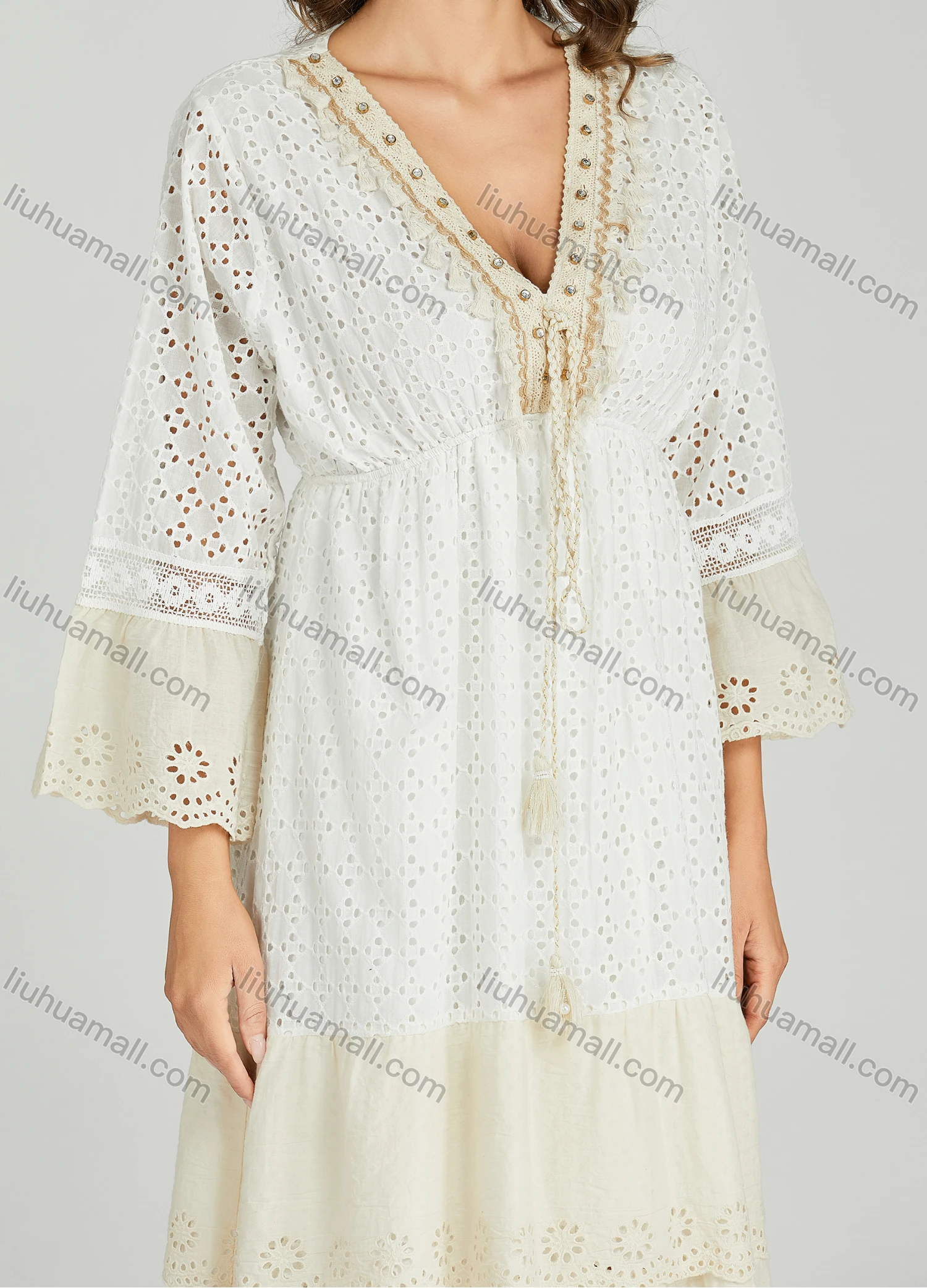 Wholesale Women's Casual Plain Deep V Neck Eyelet Embroidered Tassel Splicing Rhinestone Ruffle Hem Dress A0971# - Liuhuamall
