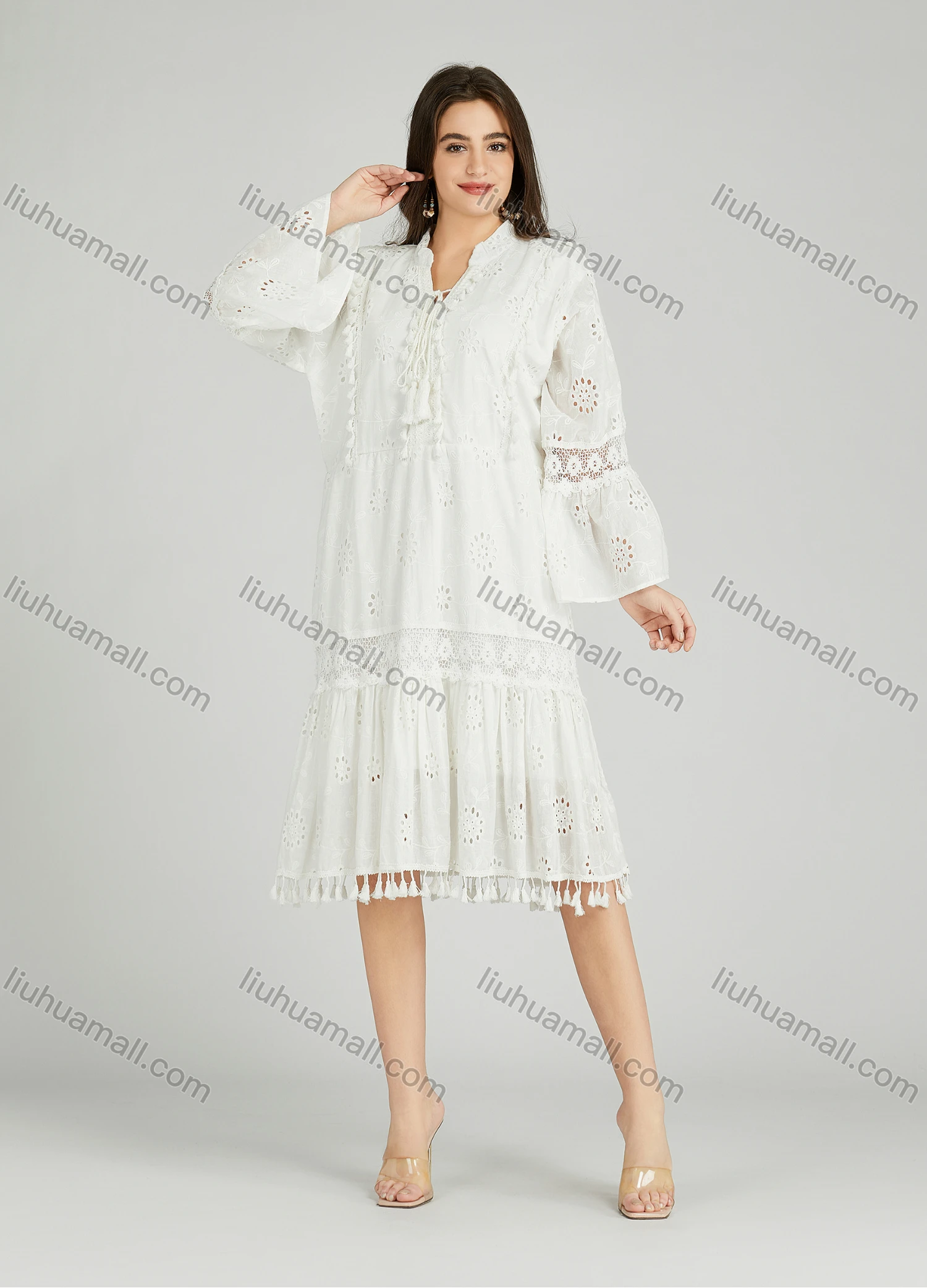 Wholesale Women's Casual Plain Eyelet Embroidered Tassel Splicing Midi Dress A0972# - Liuhuamall