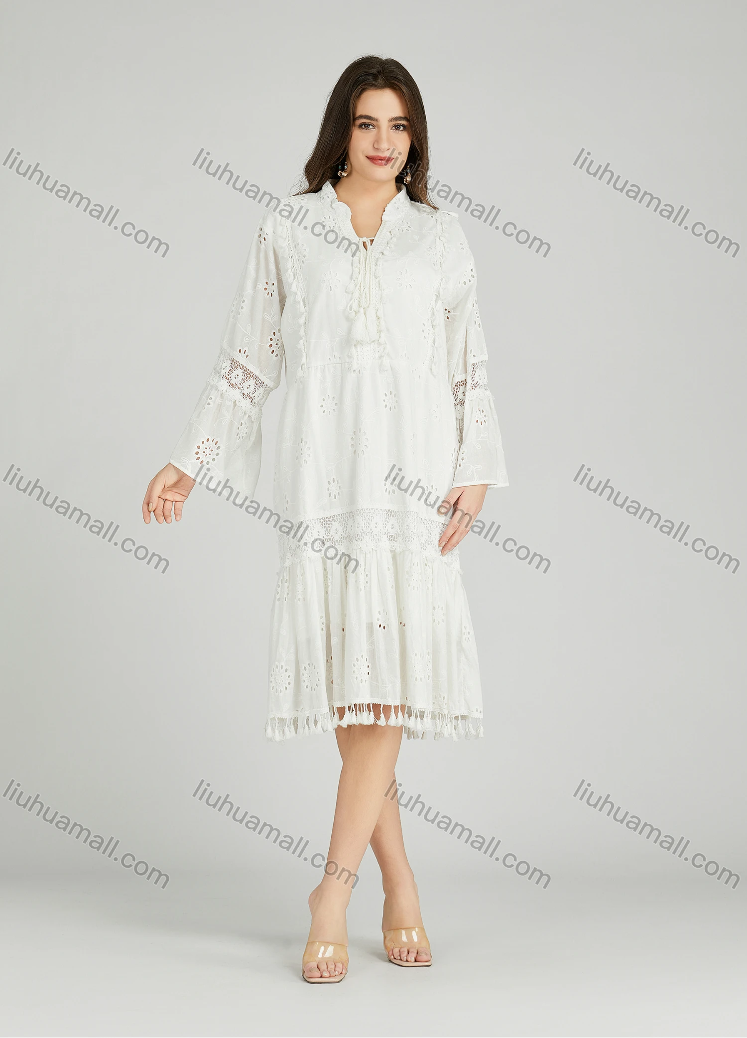 Wholesale Women's Casual Plain Eyelet Embroidered Tassel Splicing Midi Dress A0972# - Liuhuamall