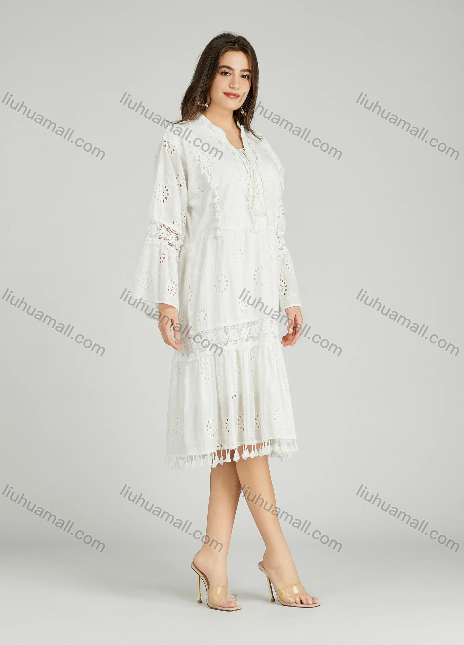 Wholesale Women's Casual Plain Eyelet Embroidered Tassel Splicing Midi Dress A0972# - Liuhuamall