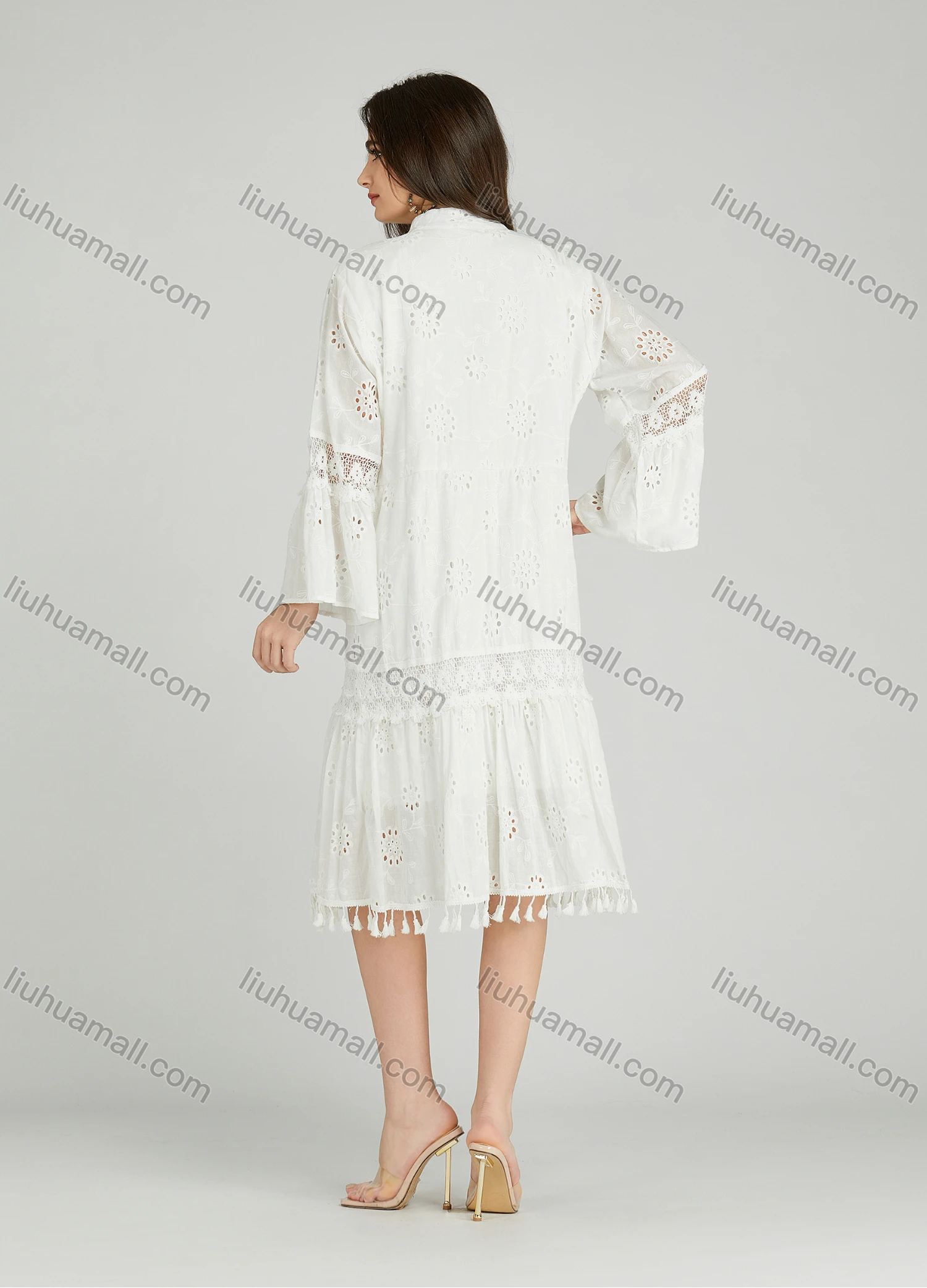 Wholesale Women's Casual Plain Eyelet Embroidered Tassel Splicing Midi Dress A0972# - Liuhuamall