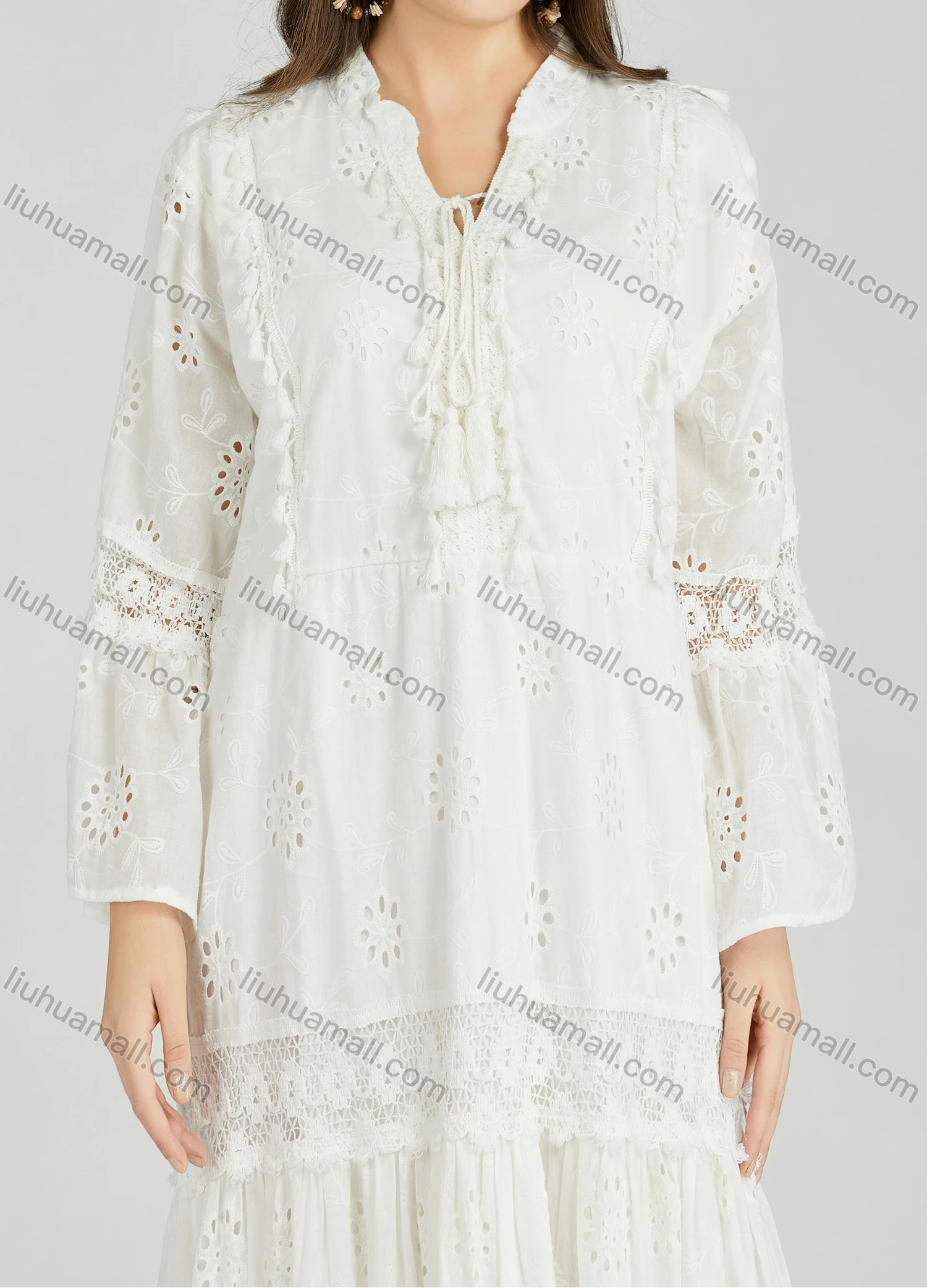 Wholesale Women's Casual Plain Eyelet Embroidered Tassel Splicing Midi Dress A0972# - Liuhuamall