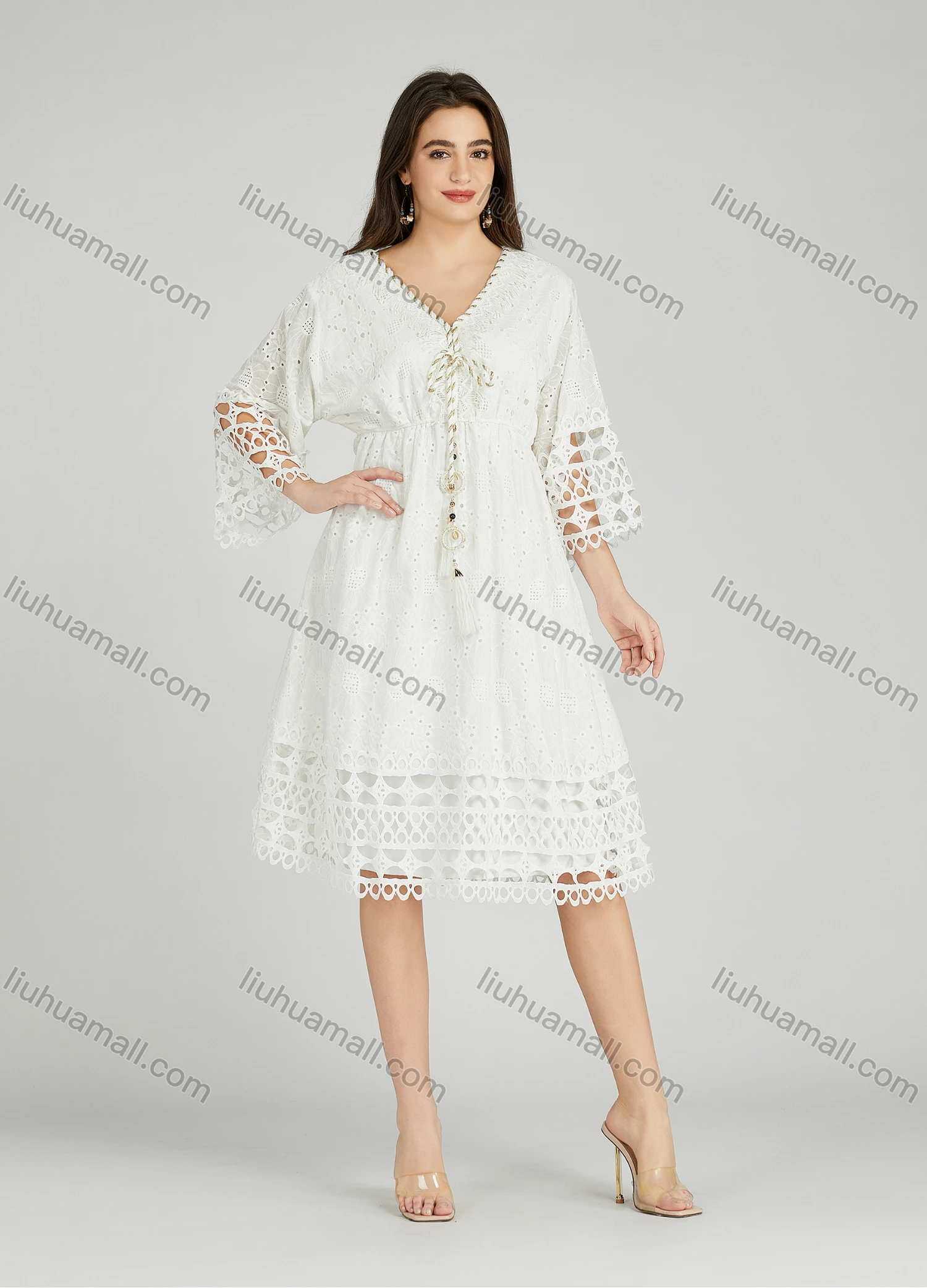 Wholesale Women's Casual Plain Eyelet Embroidered Tassel V Neck 3/4 Sleeve Dress A0975# - Liuhuamall