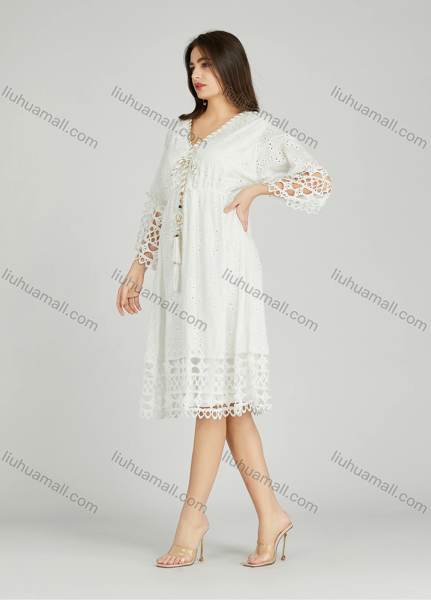 Wholesale Women's Casual Plain Eyelet Embroidered Tassel V Neck 3/4 Sleeve Dress A0975# - Liuhuamall