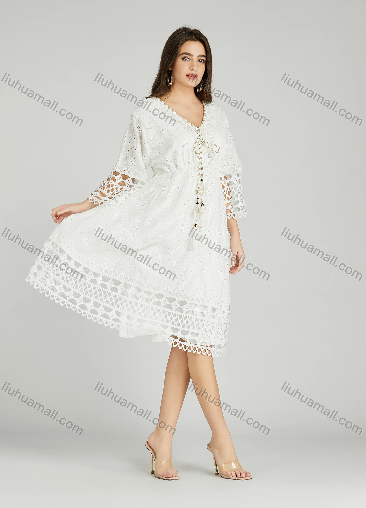 Wholesale Women's Casual Plain Eyelet Embroidered Tassel V Neck 3/4 Sleeve Dress A0975# - Liuhuamall