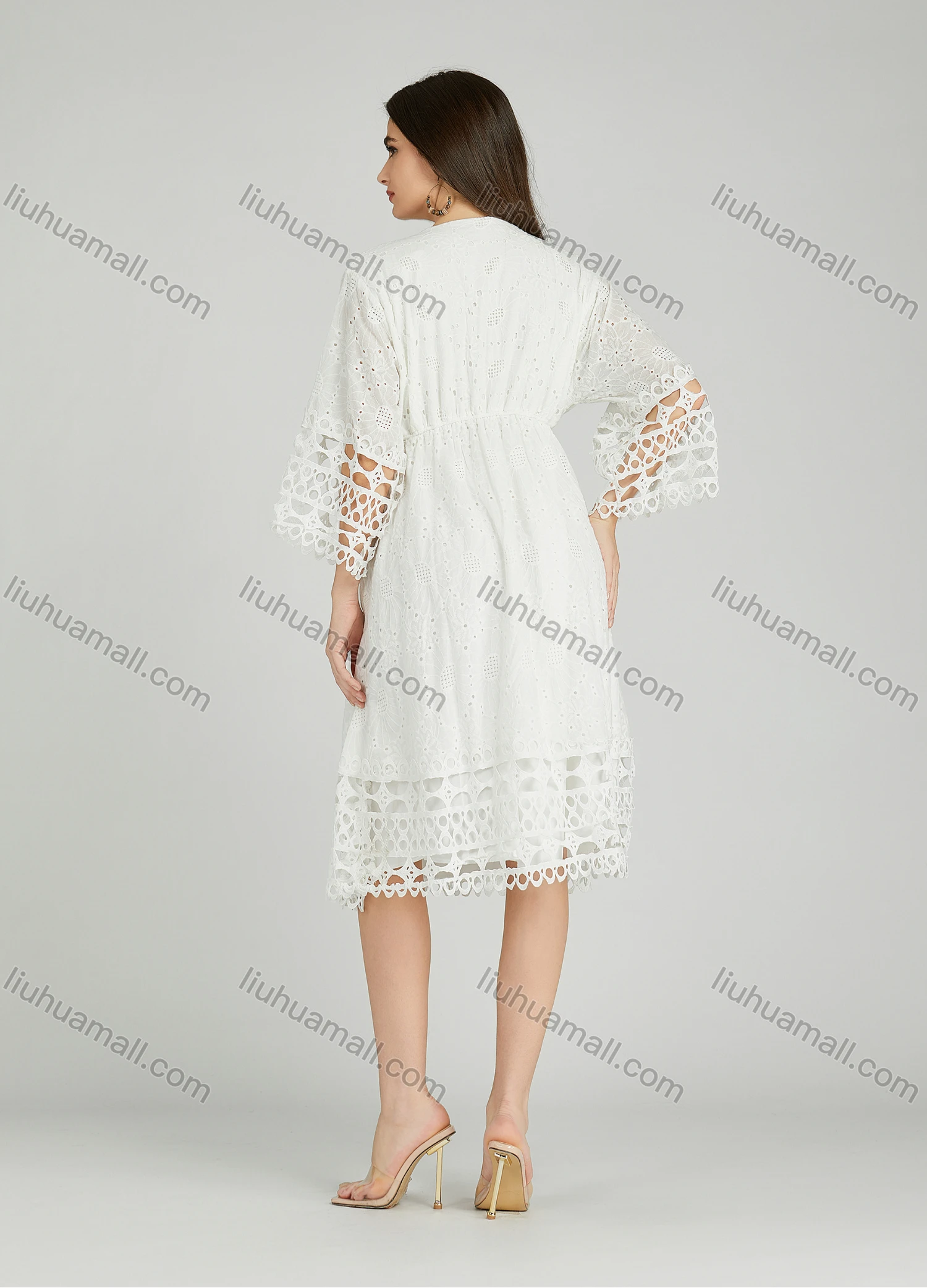 Wholesale Women's Casual Plain Eyelet Embroidered Tassel V Neck 3/4 Sleeve Dress A0975# - Liuhuamall