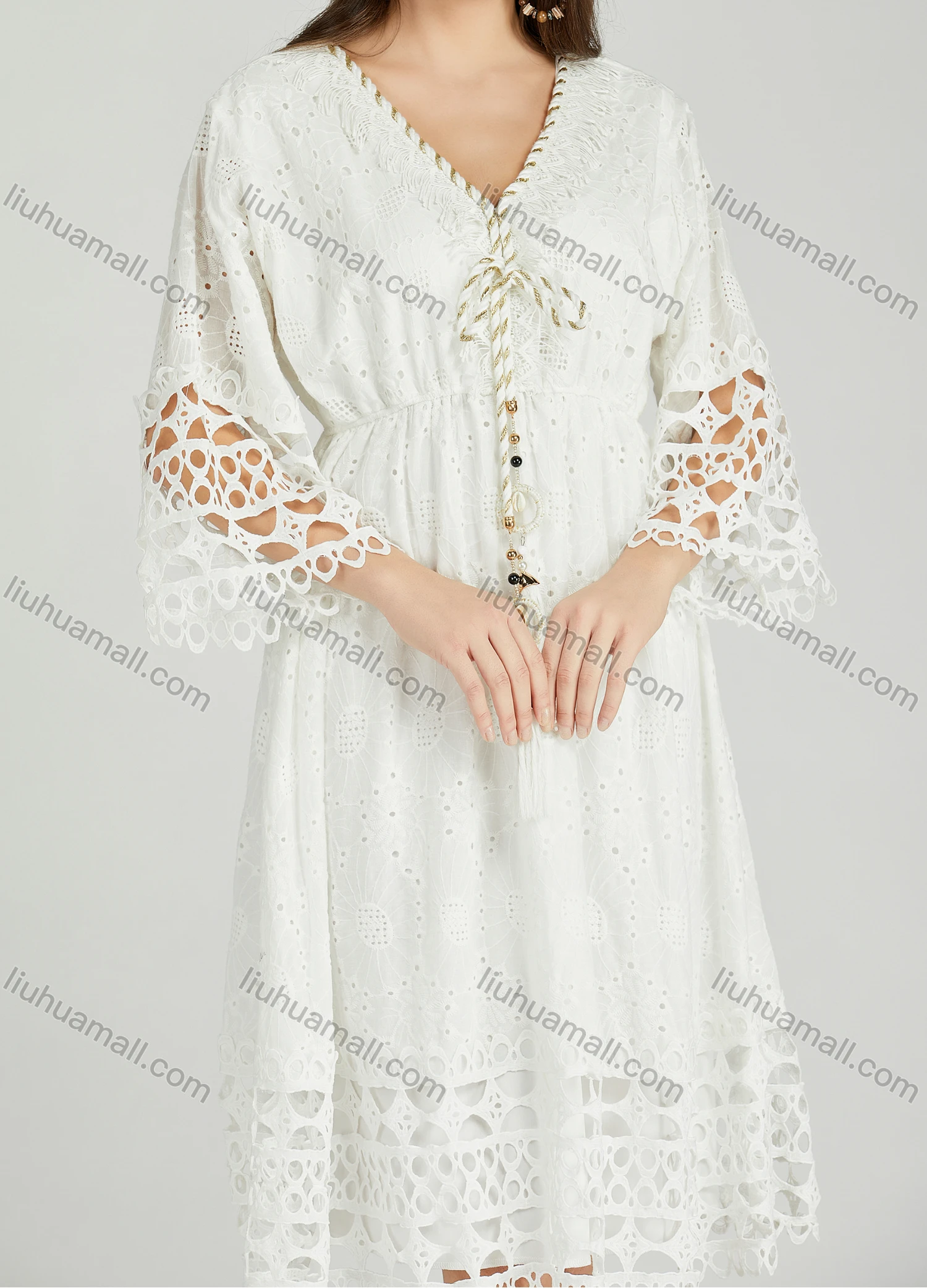 Wholesale Women's Casual Plain Eyelet Embroidered Tassel V Neck 3/4 Sleeve Dress A0975# - Liuhuamall