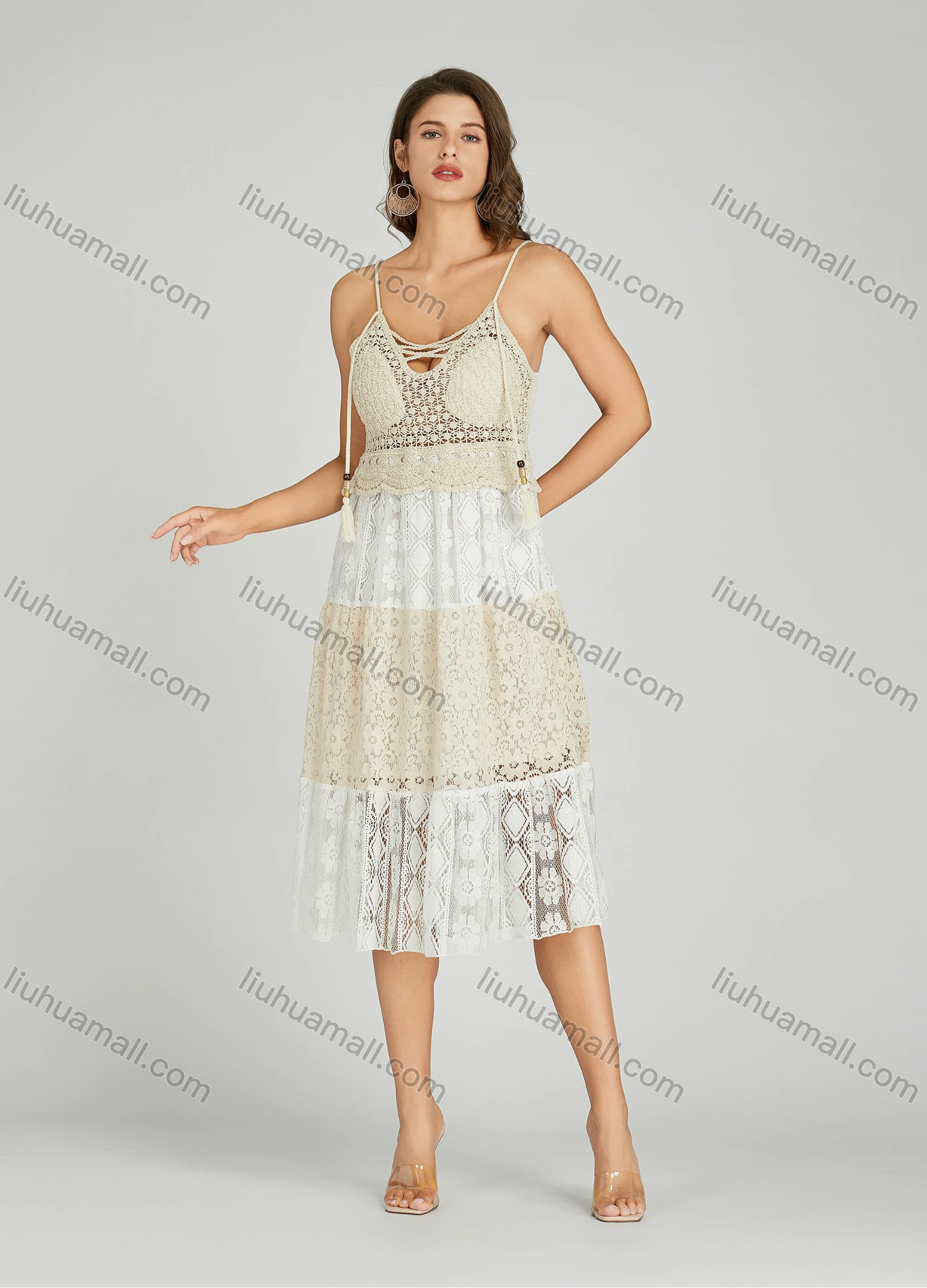 Wholesale Women's Casual Plain Splicing Eyelet Embroidered Tassel Guipure Lace Cami Dress A0979# - Liuhuamall