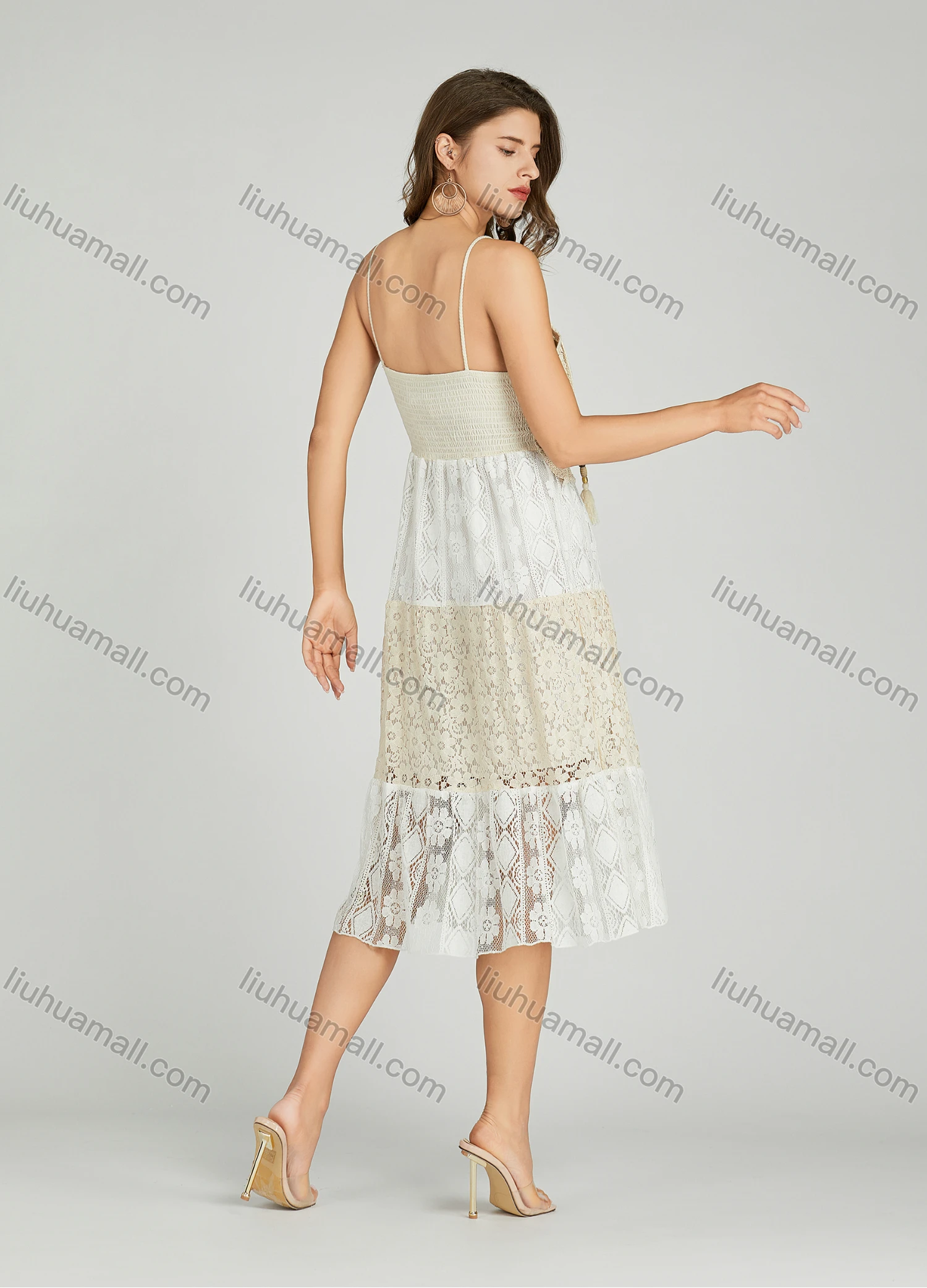 Wholesale Women's Casual Plain Splicing Eyelet Embroidered Tassel Guipure Lace Cami Dress A0979# - Liuhuamall