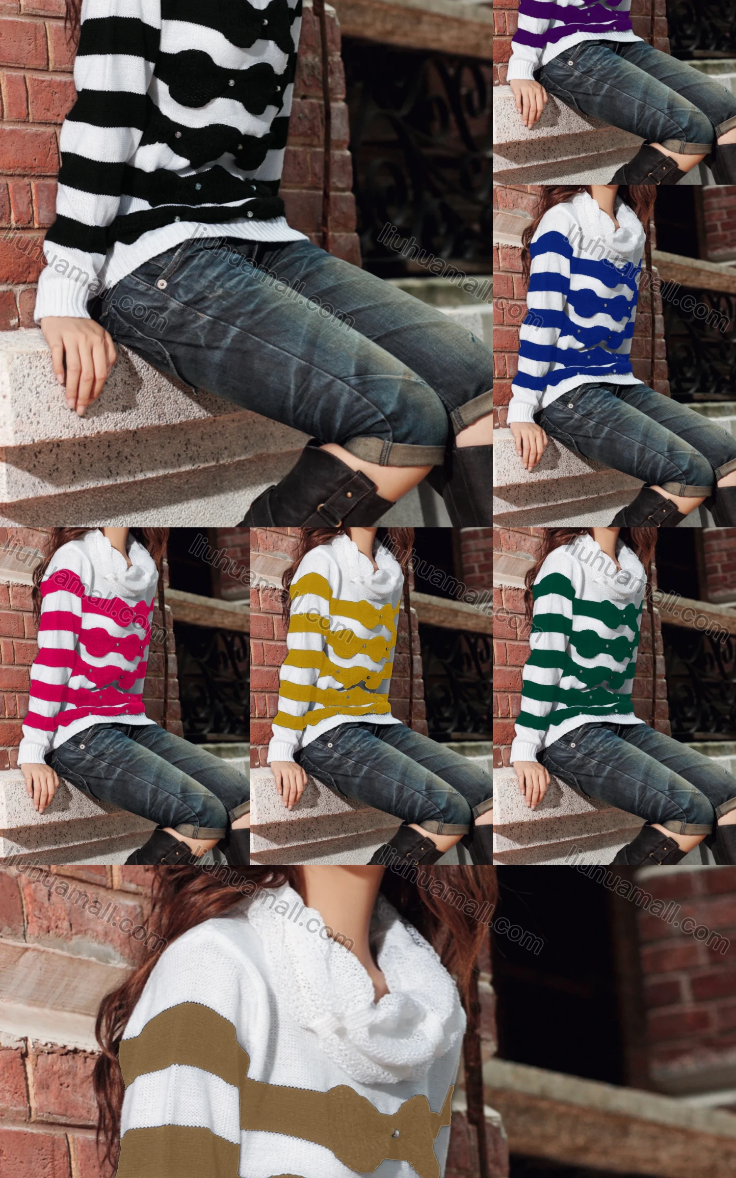 Wholesale Women's Casual Cowl Neck Long Sleeve Bow Knot Striped Knit Sweater 1580# - Liuhuamall