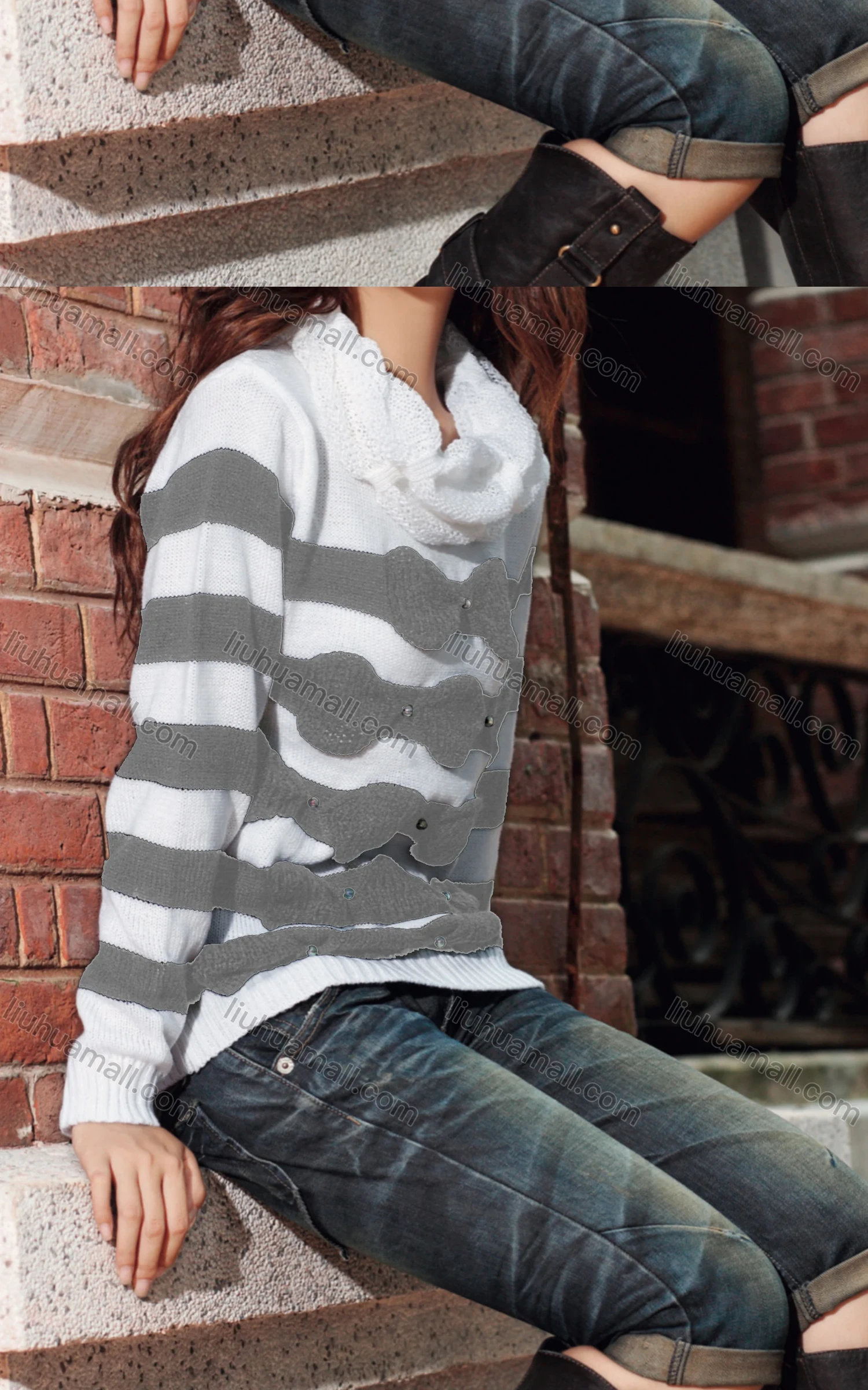 Wholesale Women's Casual Cowl Neck Long Sleeve Bow Knot Striped Knit Sweater 1580# - Liuhuamall