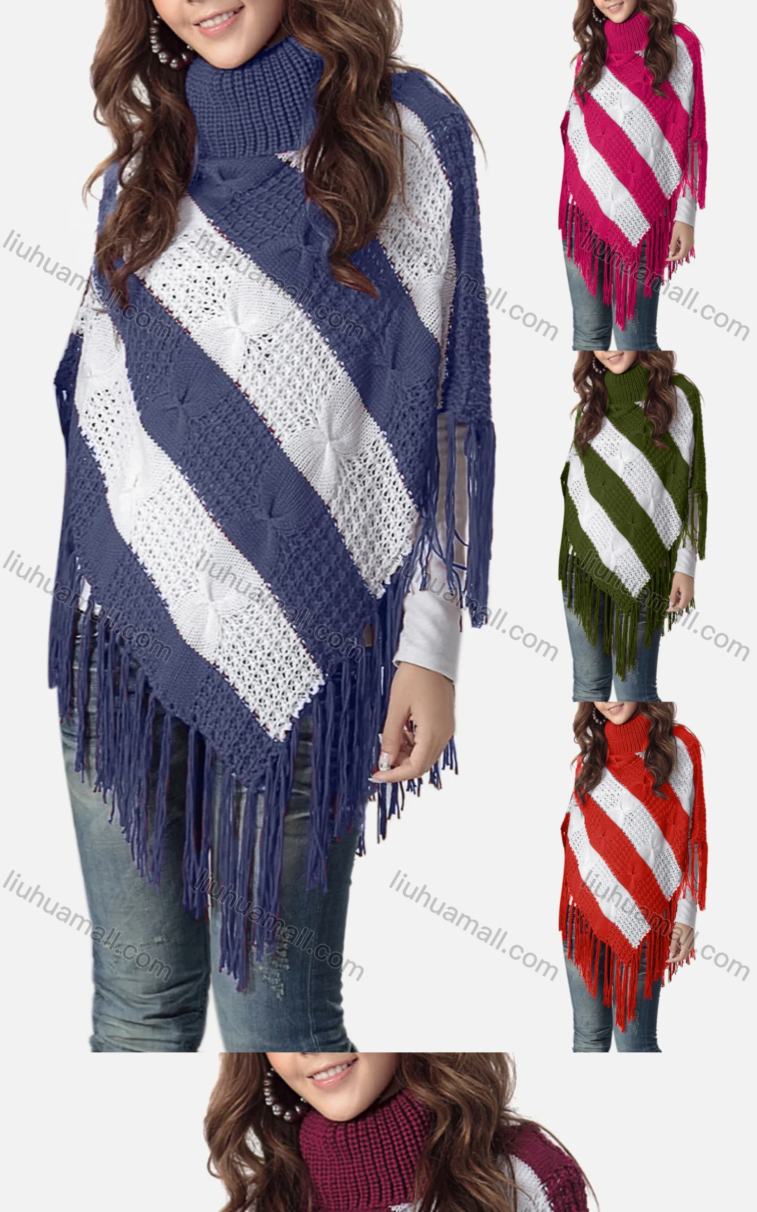 Wholesale Women's Casual Turtleneck Half Sleeve Scarf Hem Striped Knit Cape 2981# - Liuhuamall