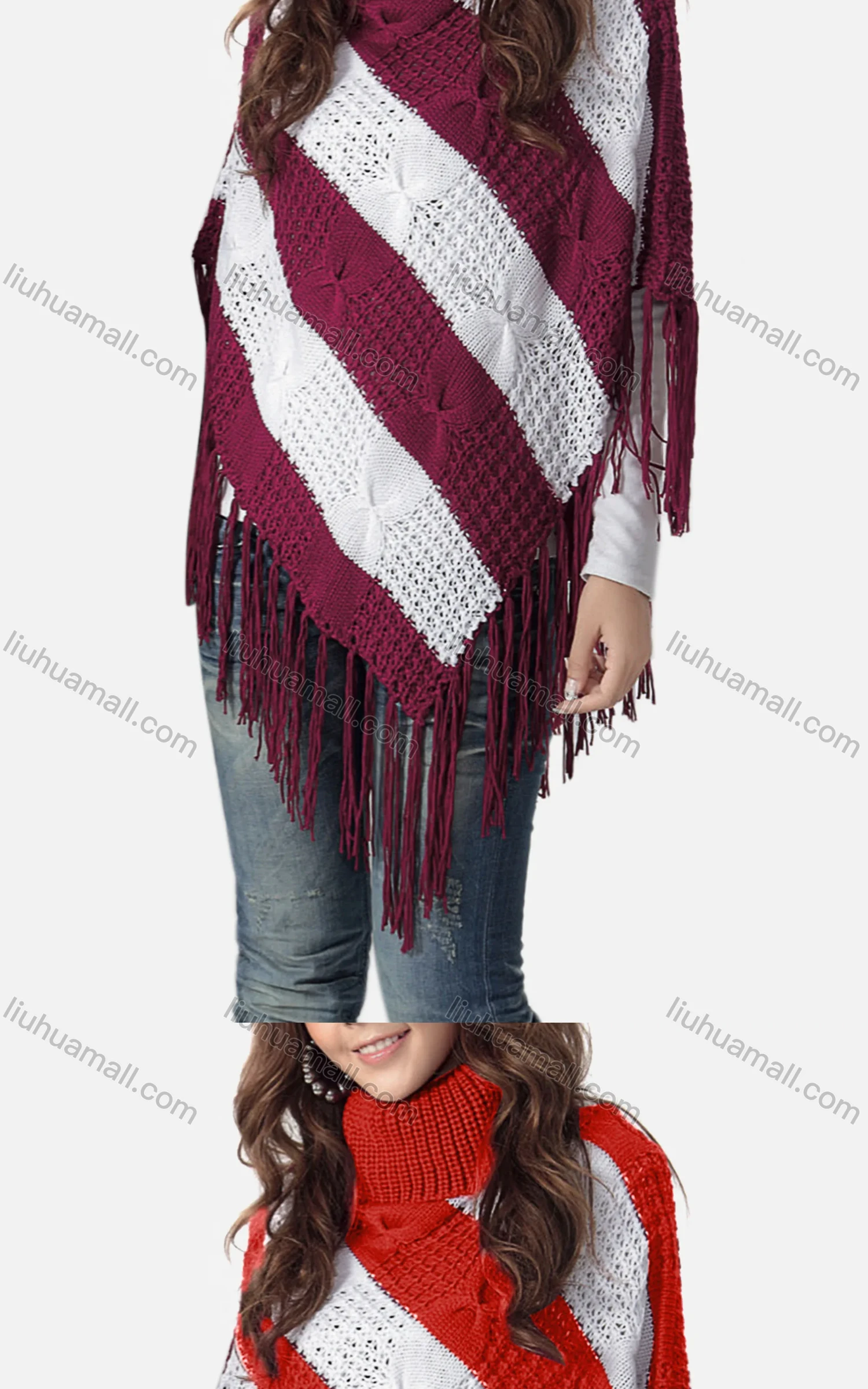 Wholesale Women's Casual Turtleneck Half Sleeve Scarf Hem Striped Knit Cape 2981# - Liuhuamall
