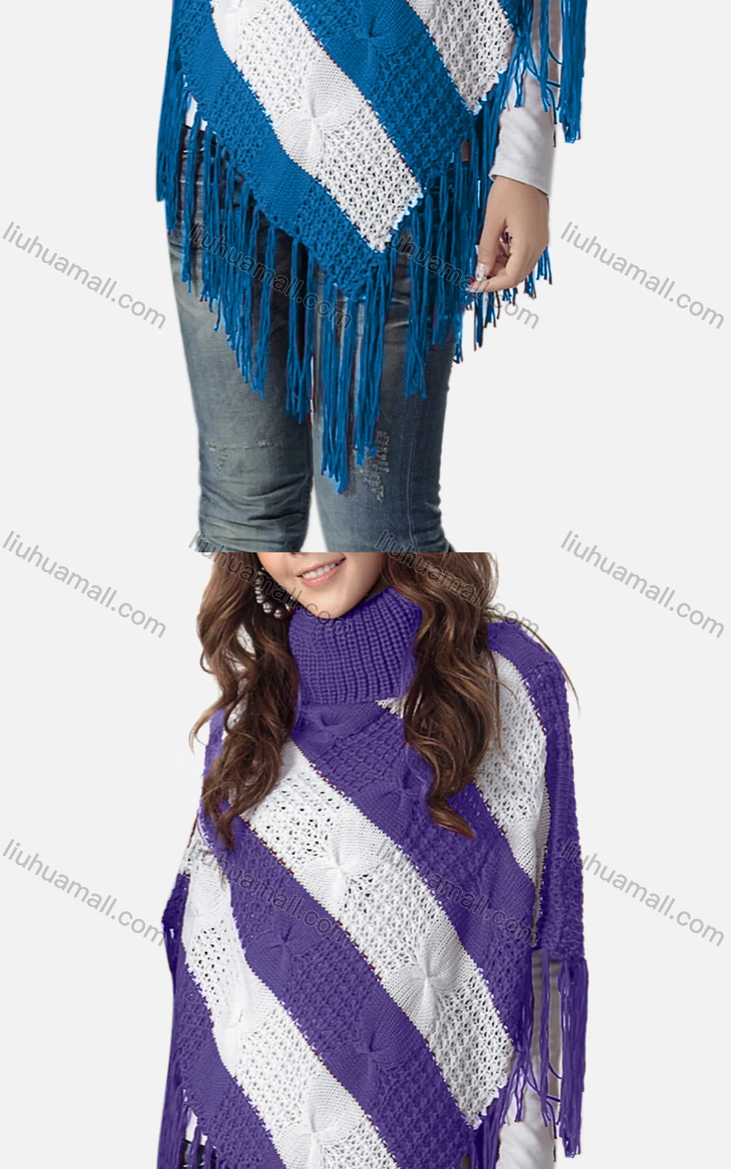 Wholesale Women's Casual Turtleneck Half Sleeve Scarf Hem Striped Knit Cape 2981# - Liuhuamall