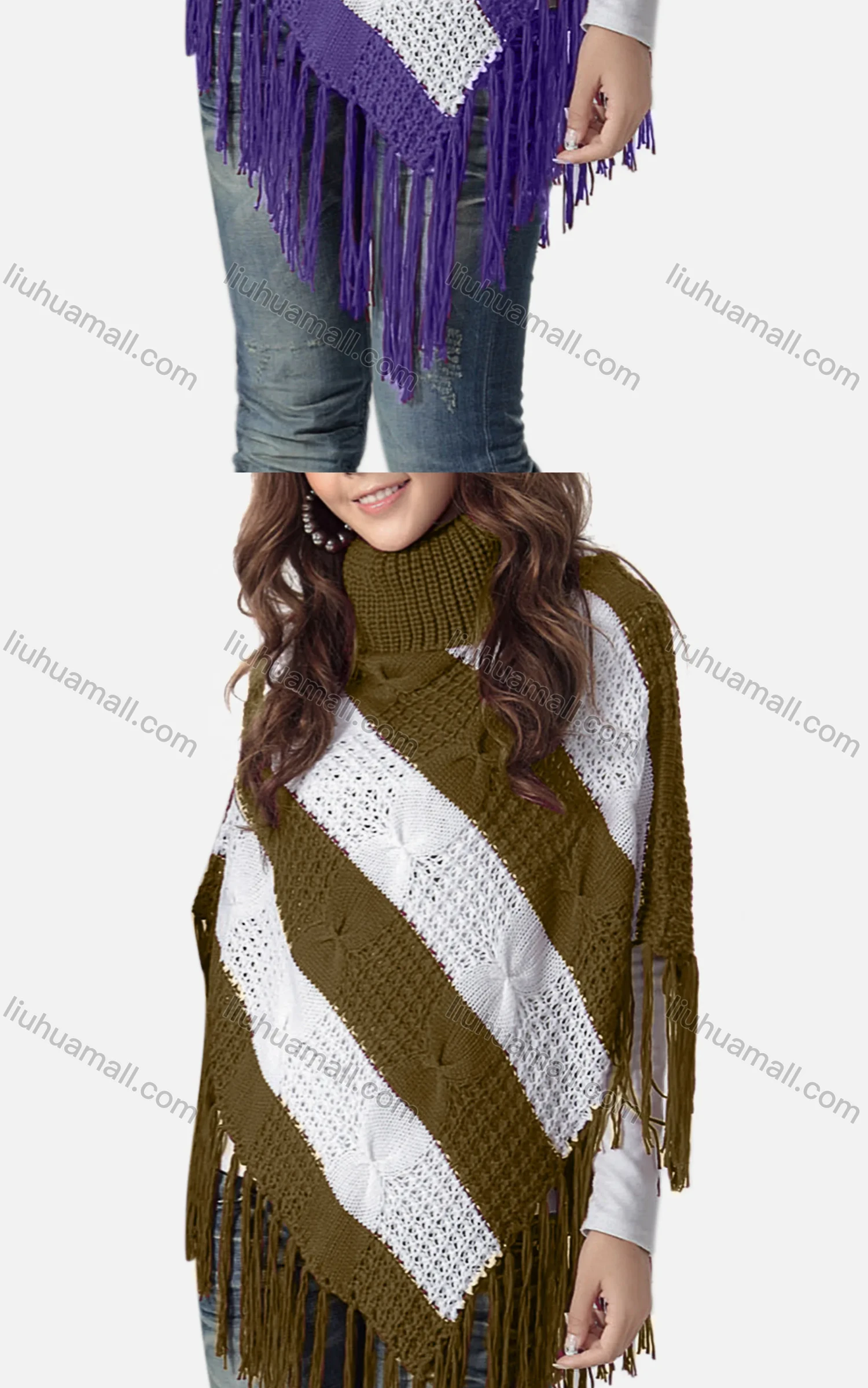 Wholesale Women's Casual Turtleneck Half Sleeve Scarf Hem Striped Knit Cape 2981# - Liuhuamall